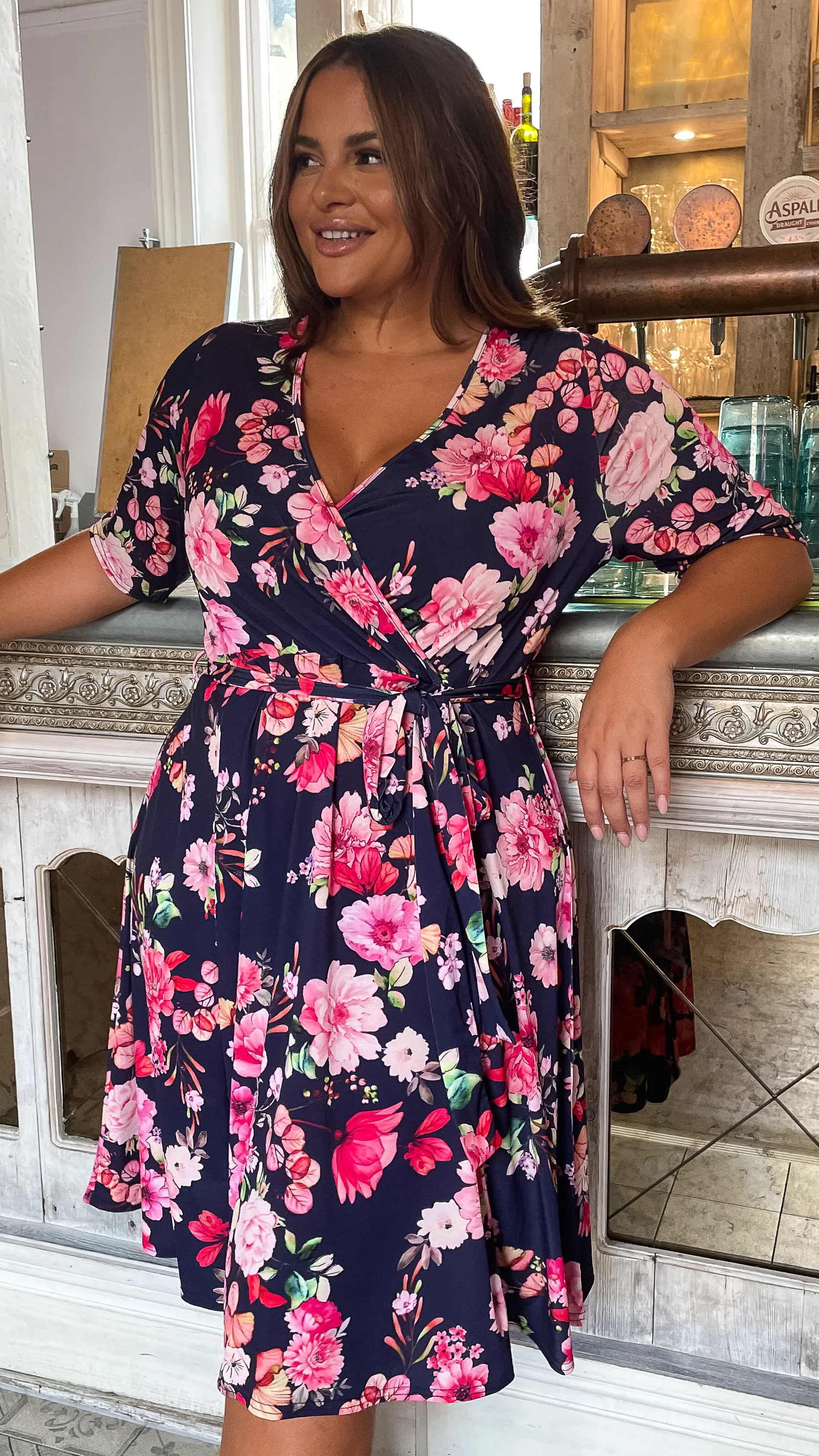 CurveWow Belted Wrap Dress Navy Floral - Image 3