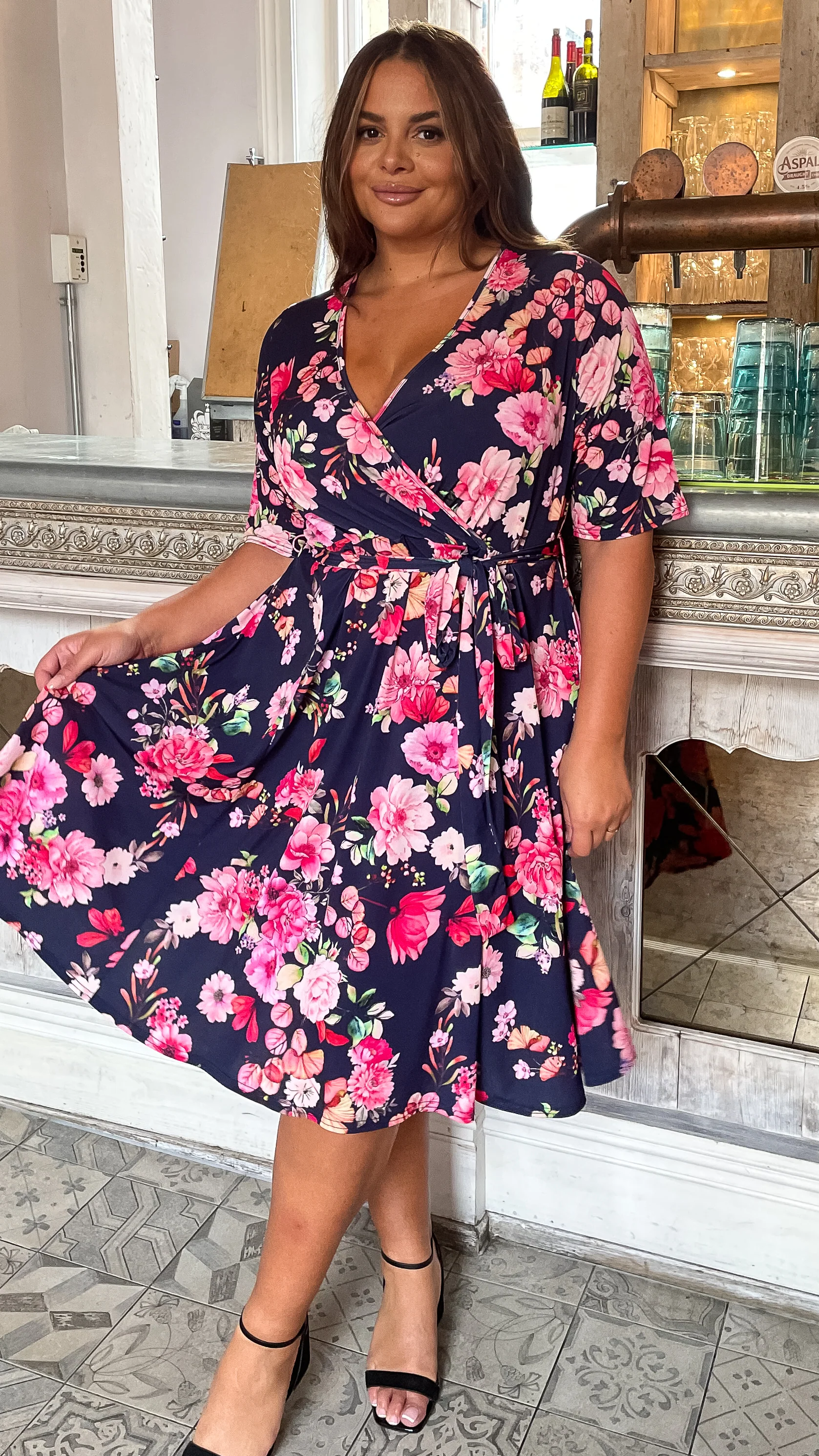 CurveWow Belted Wrap Dress Navy Floral - Image 4