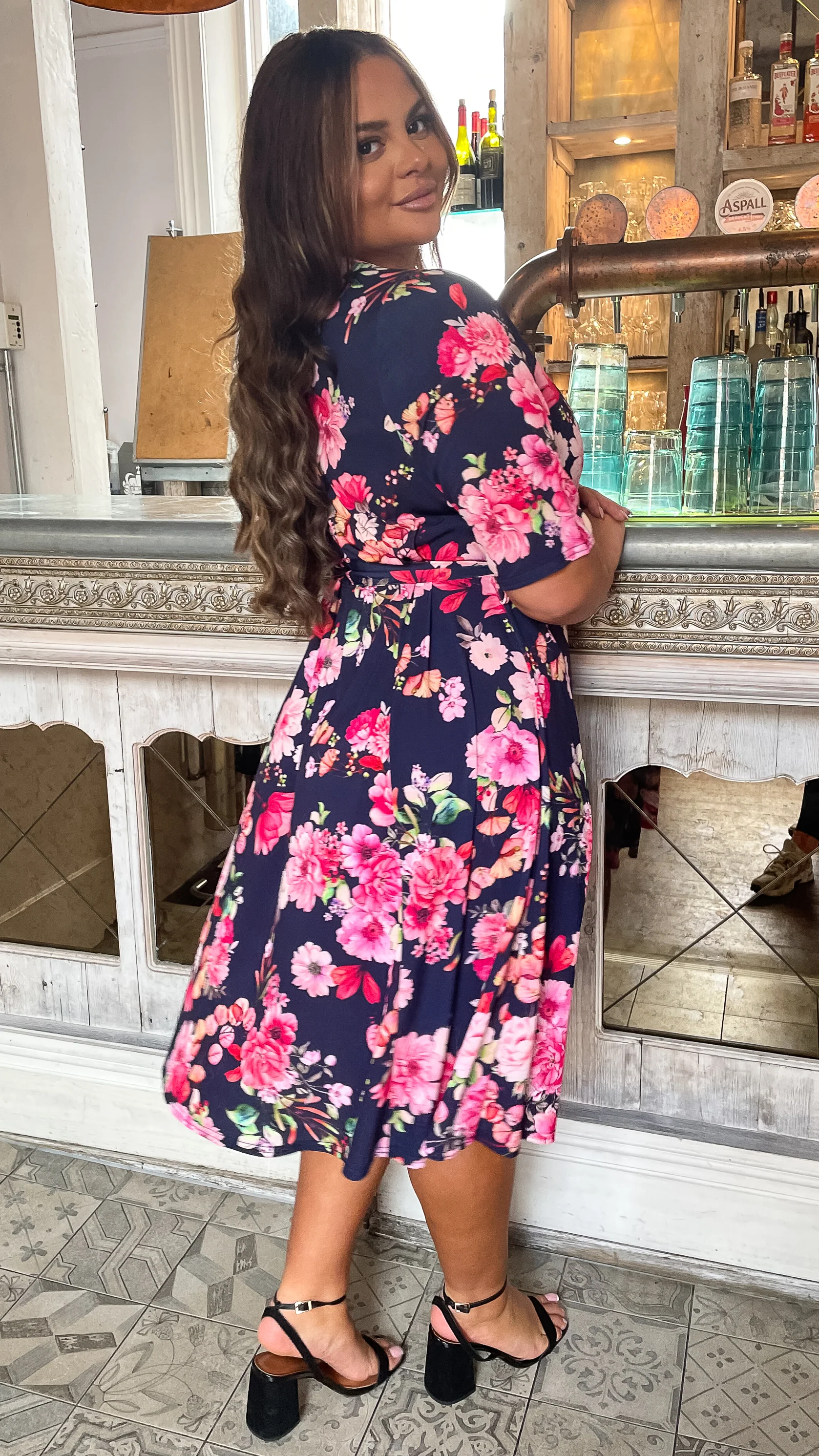 CurveWow Belted Wrap Dress Navy Floral - Image 5