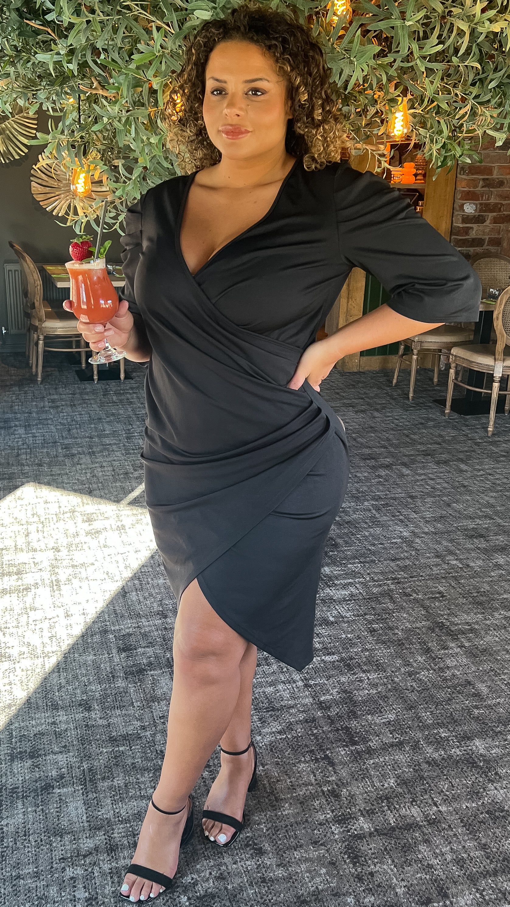 CurveWow Black Puff Sleeve Wrap Midi Dress - Image 3
