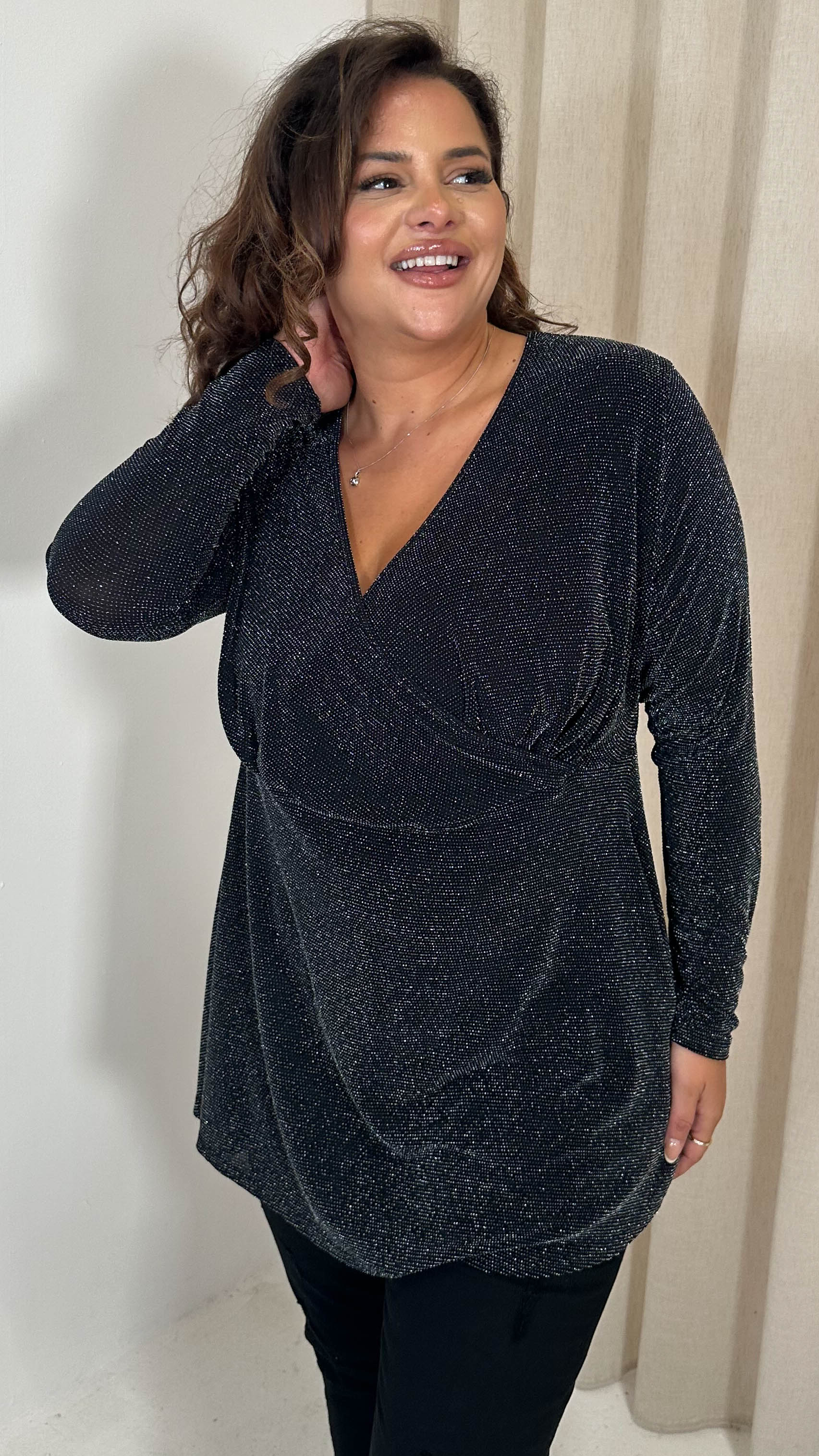 CurveWow Brillo Lurex Peplum Top Black Silver - Image 4