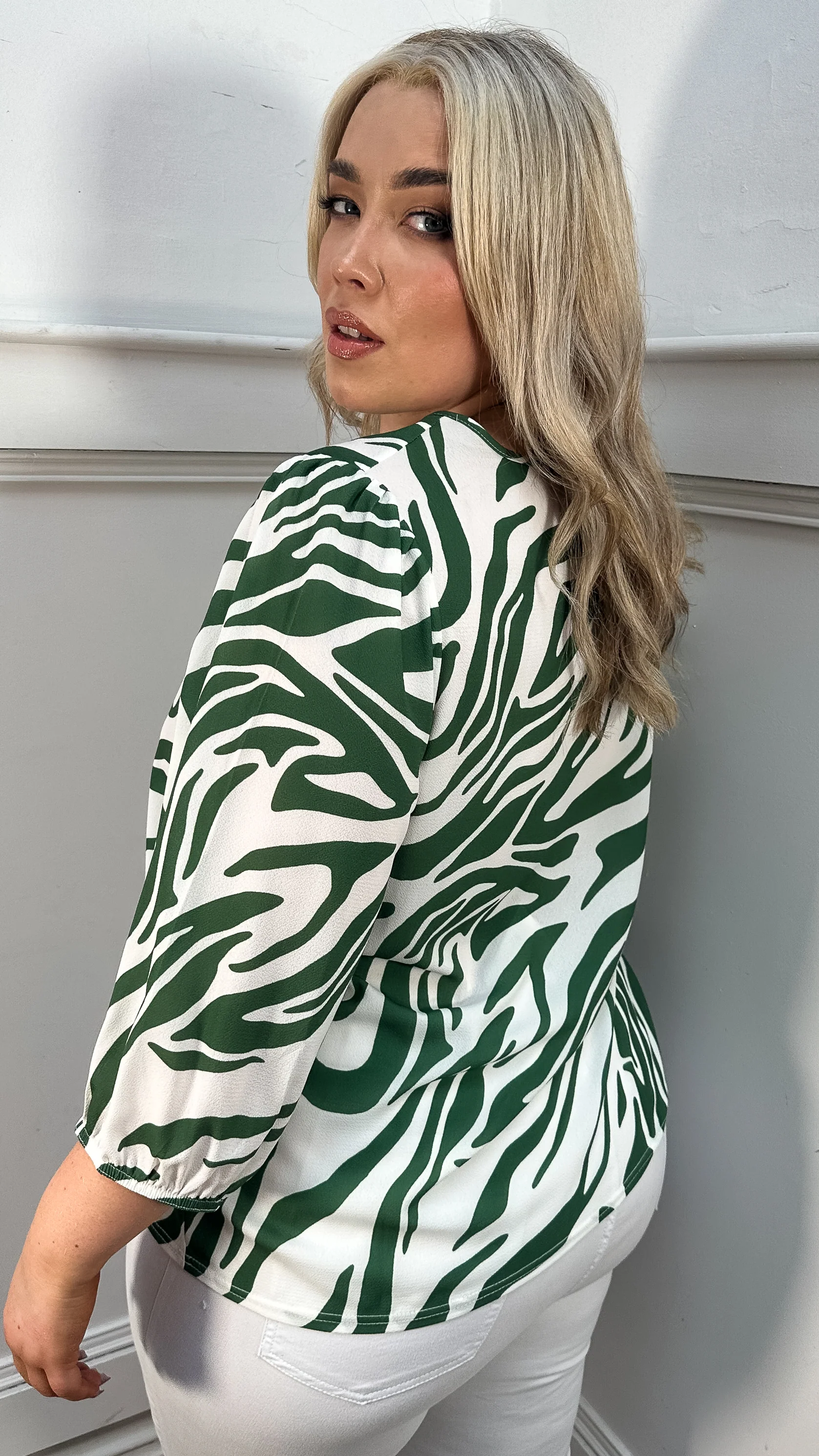 CurveWow Keyhole Tie Front Top Green Zebra - Image 2