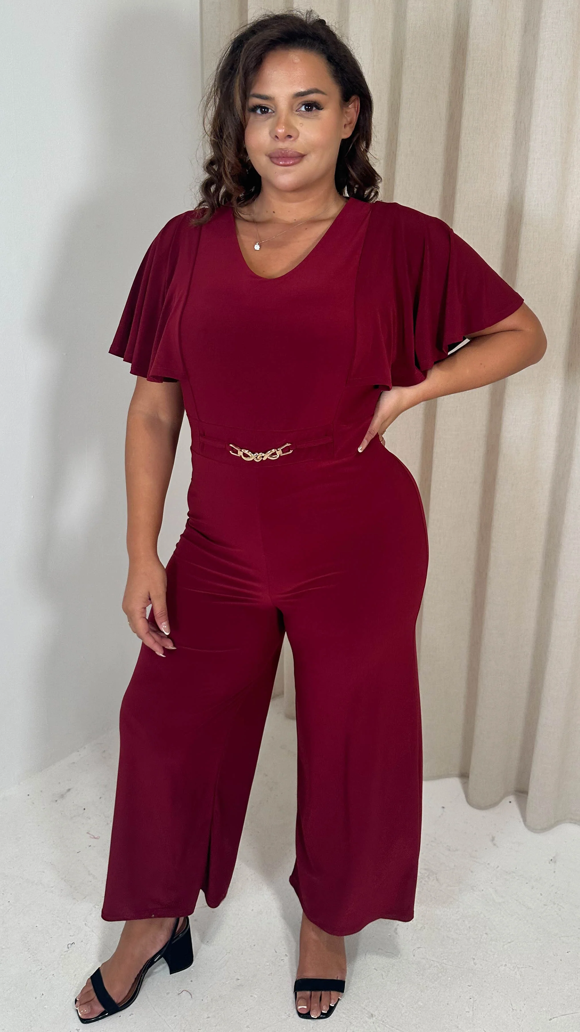 CurveWow Buckle Belt Wideleg Jumpsuit Wine - Image 3
