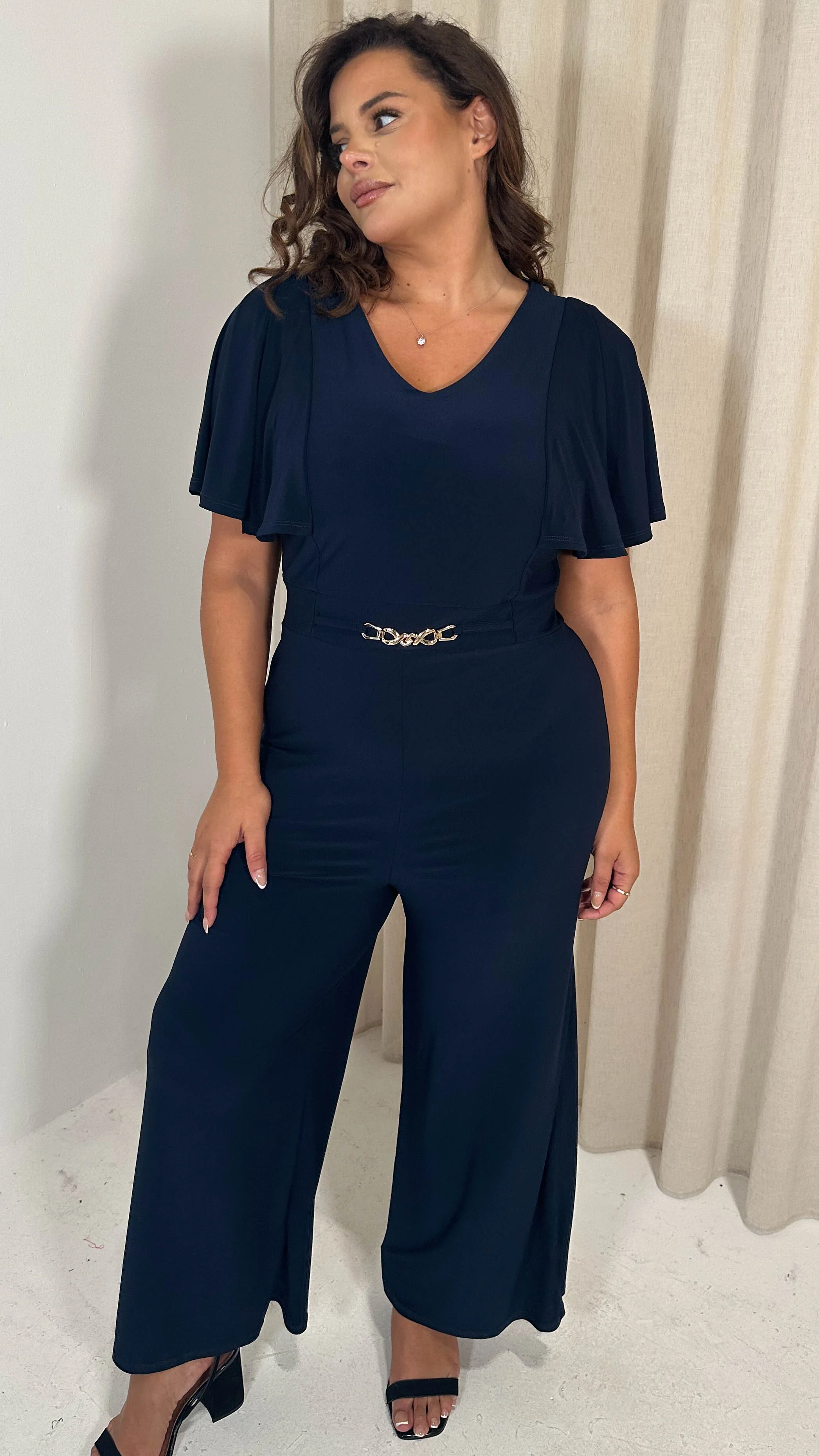 CurveWow Buckle Belt Wideleg Jumpsuit Navy - Image 3