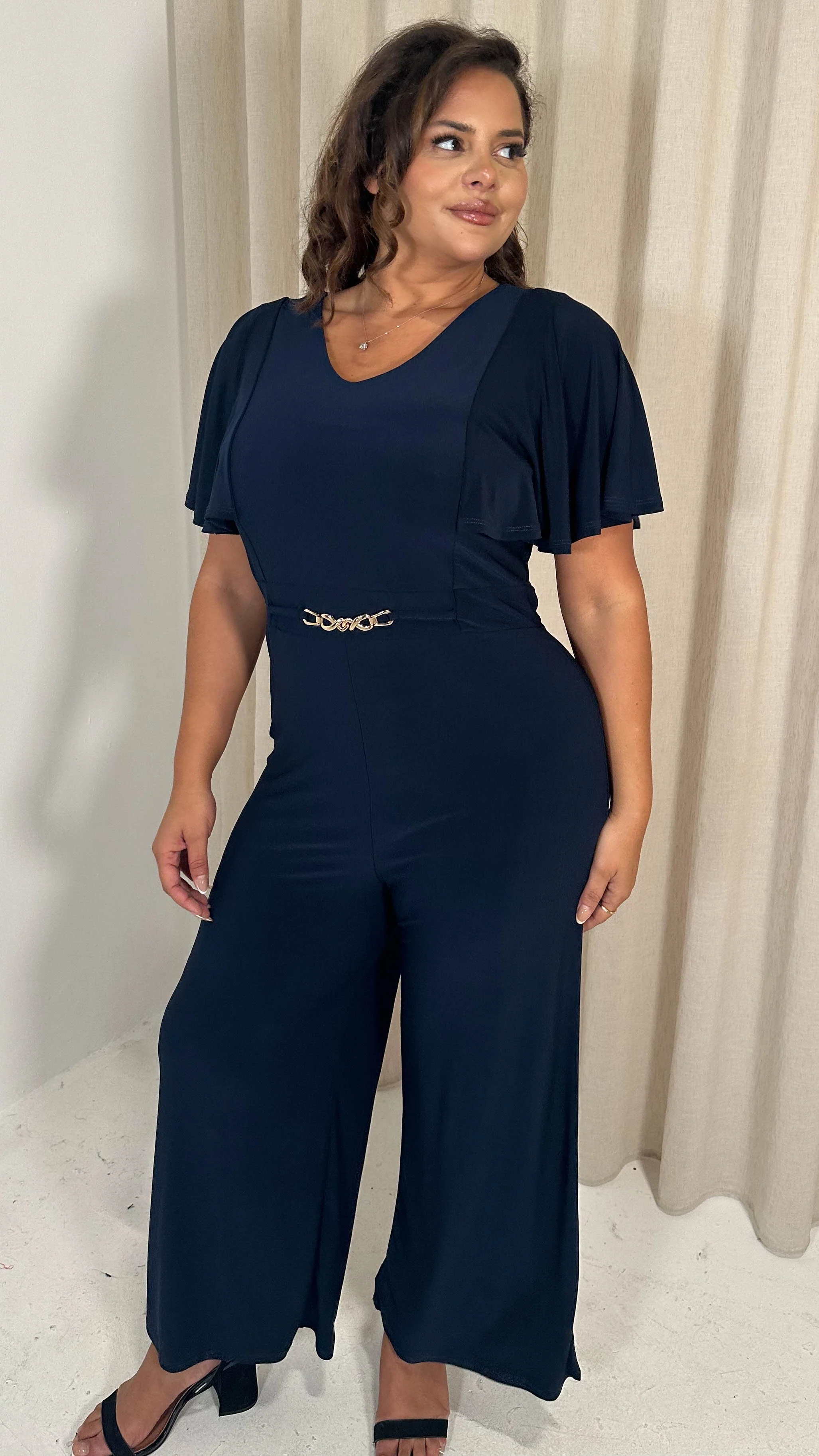 CurveWow Buckle Belt Wideleg Jumpsuit Navy - Image 4