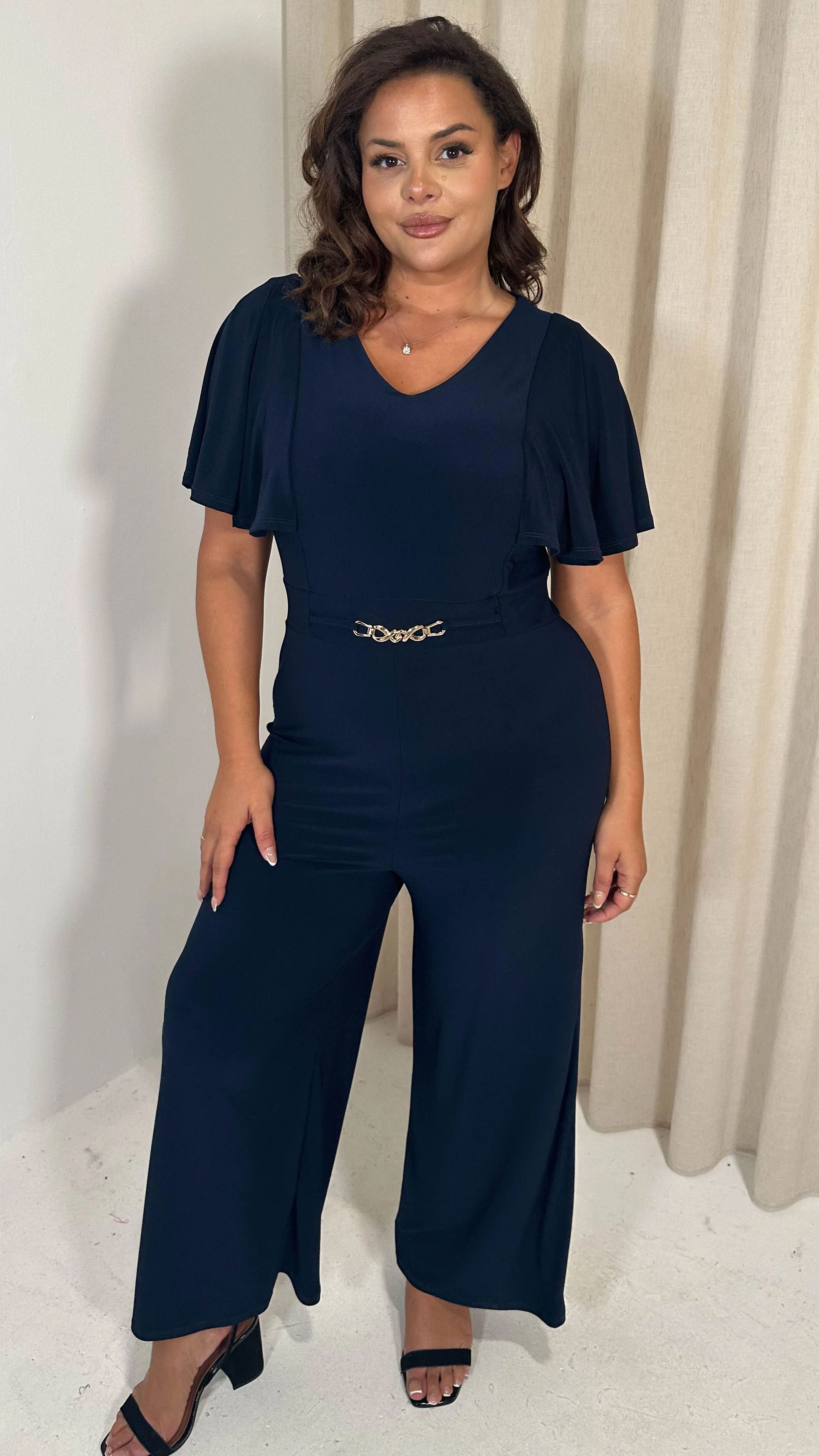 CurveWow Buckle Belt Wideleg Jumpsuit Navy - Image 5