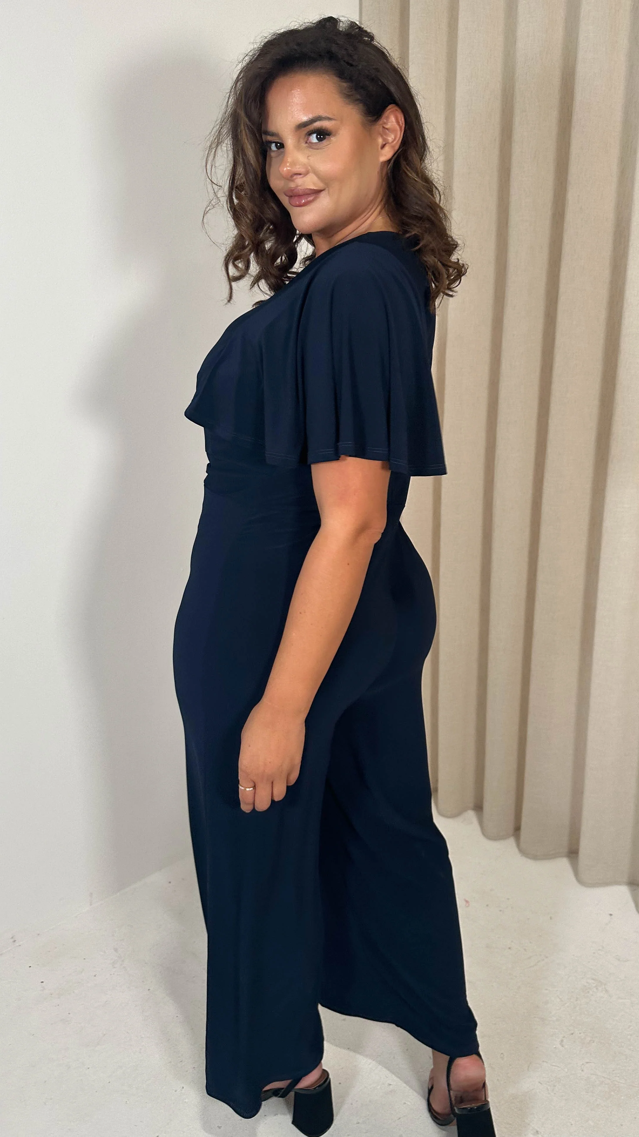 CurveWow Buckle Belt Wideleg Jumpsuit Navy - Image 6