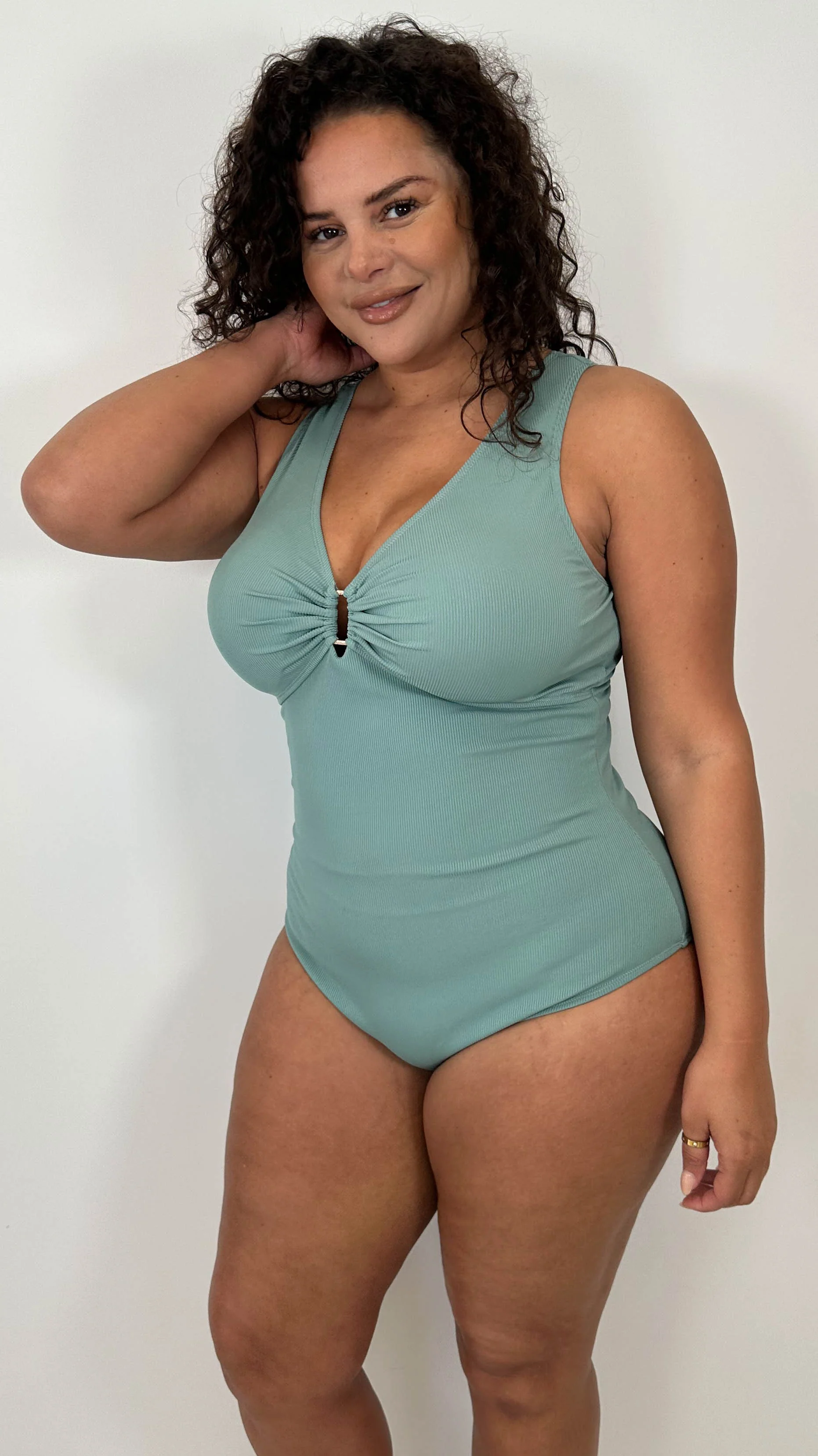 CurveWow Buckle Textured Swimsuit Sage Green - Image 8