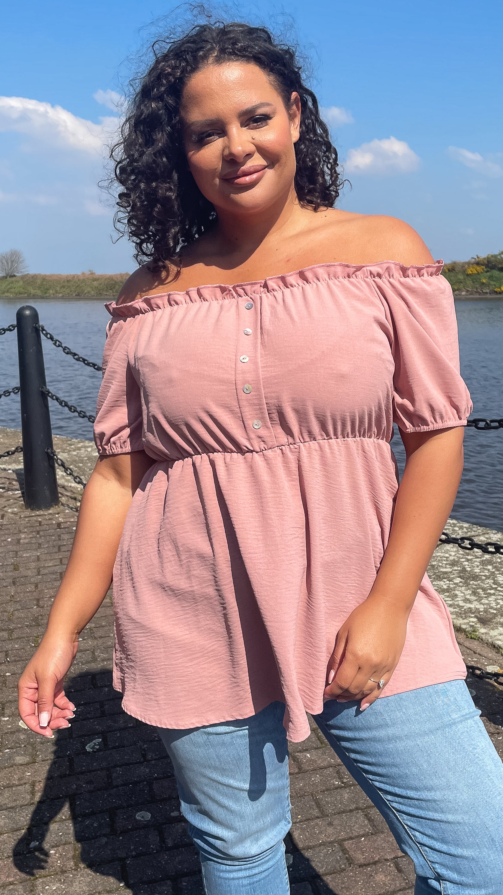 CurveWow Button Bardot Top Dusty Pink - Image 5