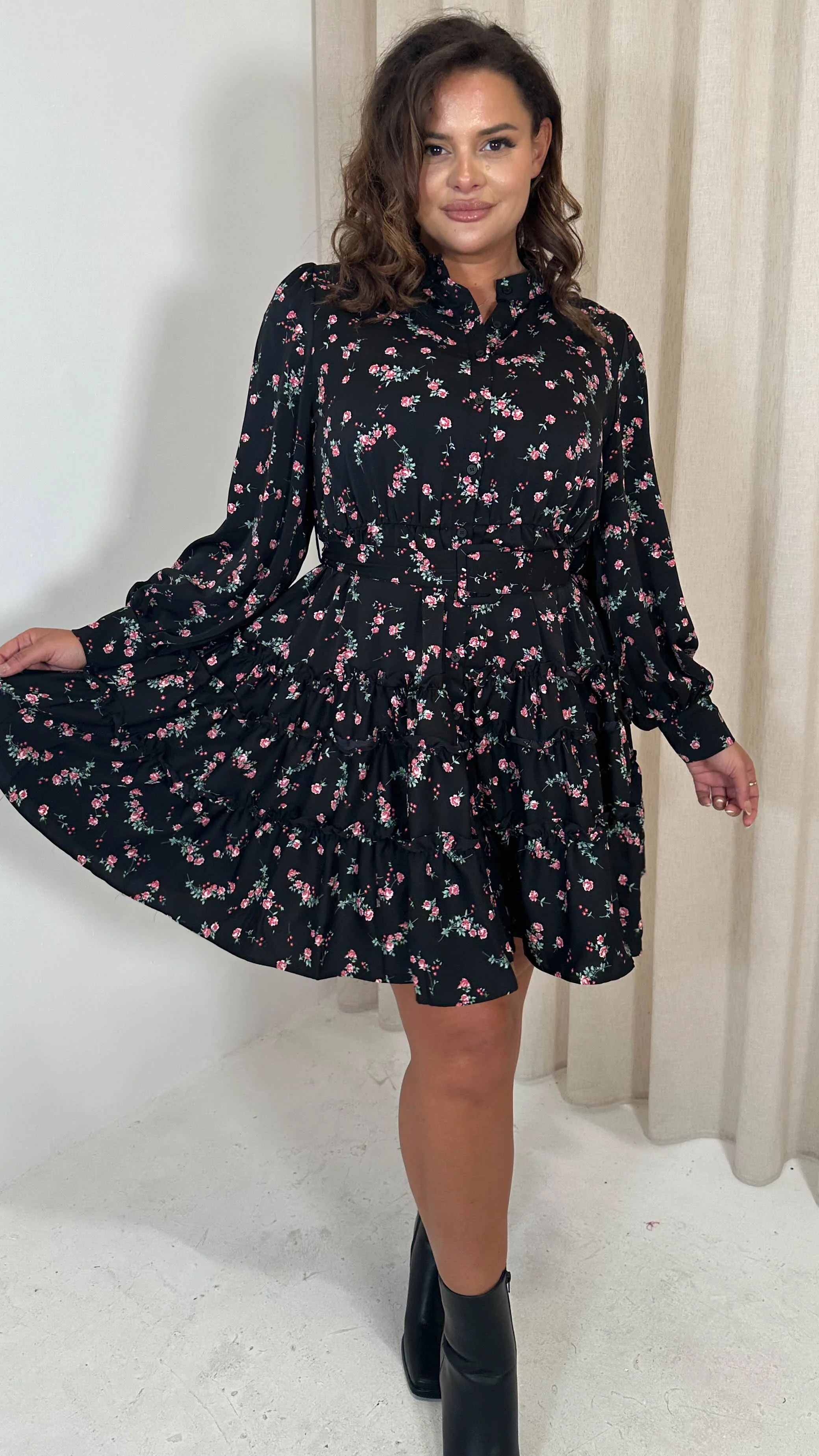 CurveWow Button Front Belted Tiered Midi Dress Black Floral - Image 6