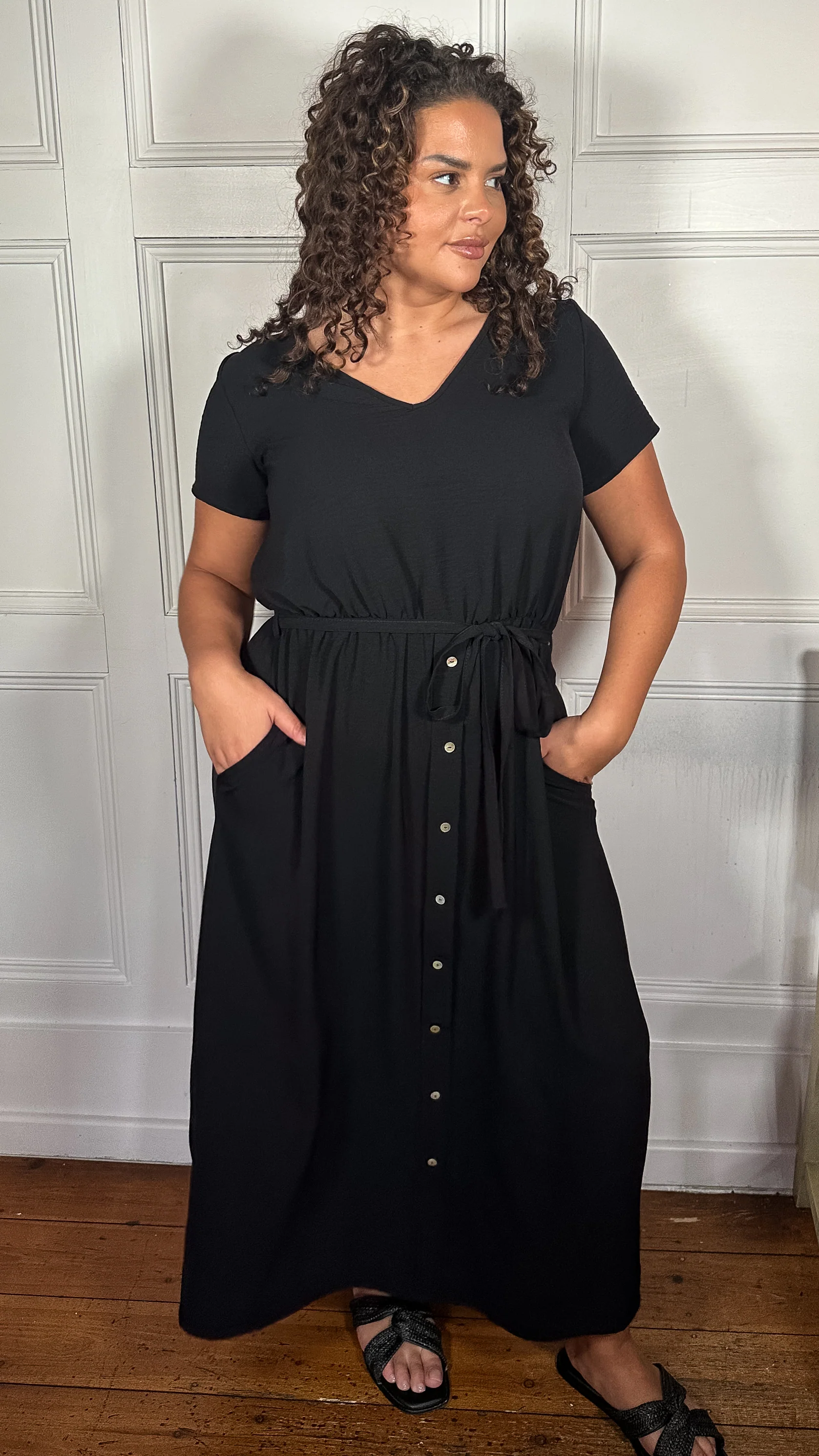 CurveWow Button Front Ocean Crepe Maxi Dress Black - Image 6