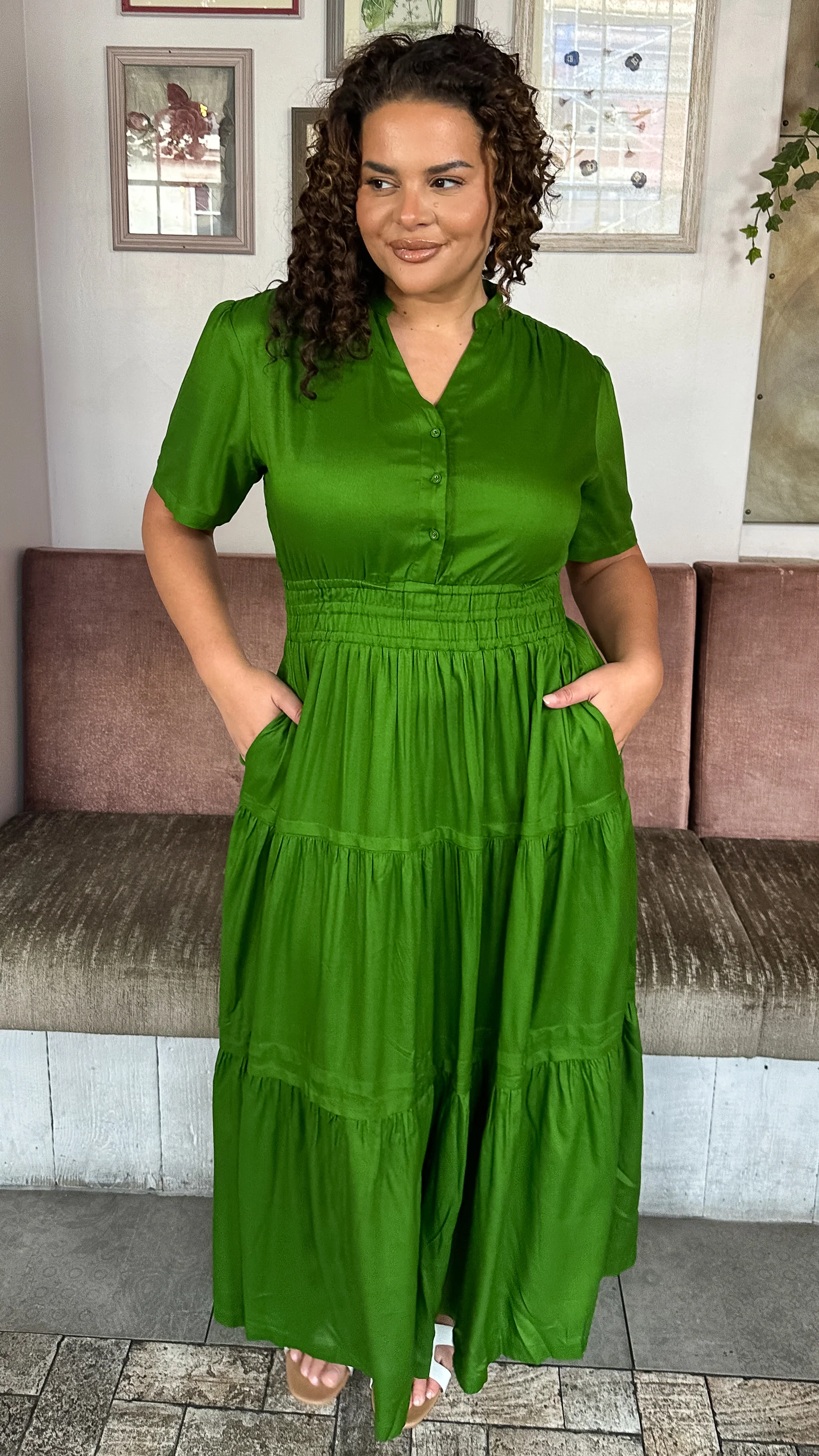 CurveWow Button Front Tiered Maxi Dress Green - Image 4