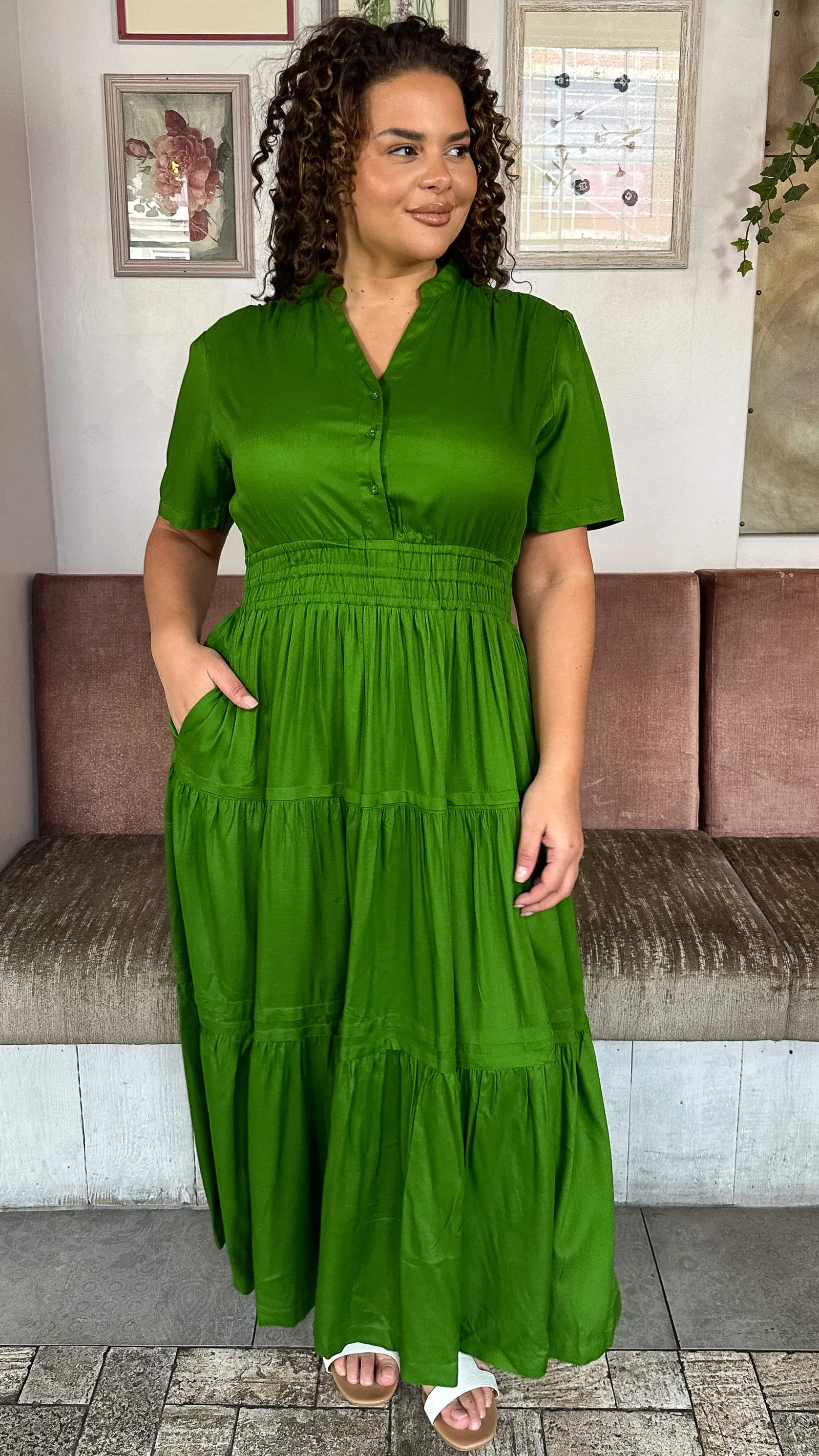 CurveWow Button Front Tiered Maxi Dress Green - Image 7