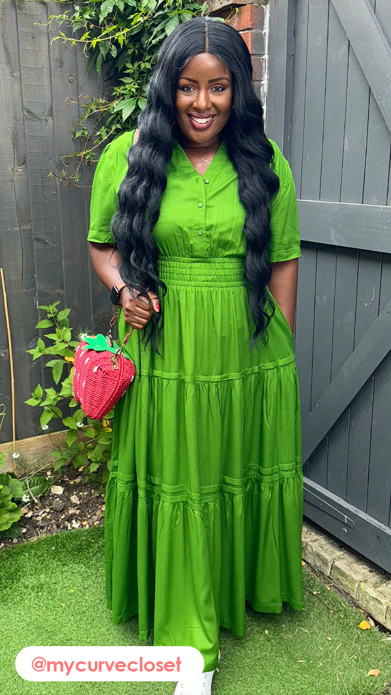 CurveWow Button Front Tiered Maxi Dress Green - Image 9