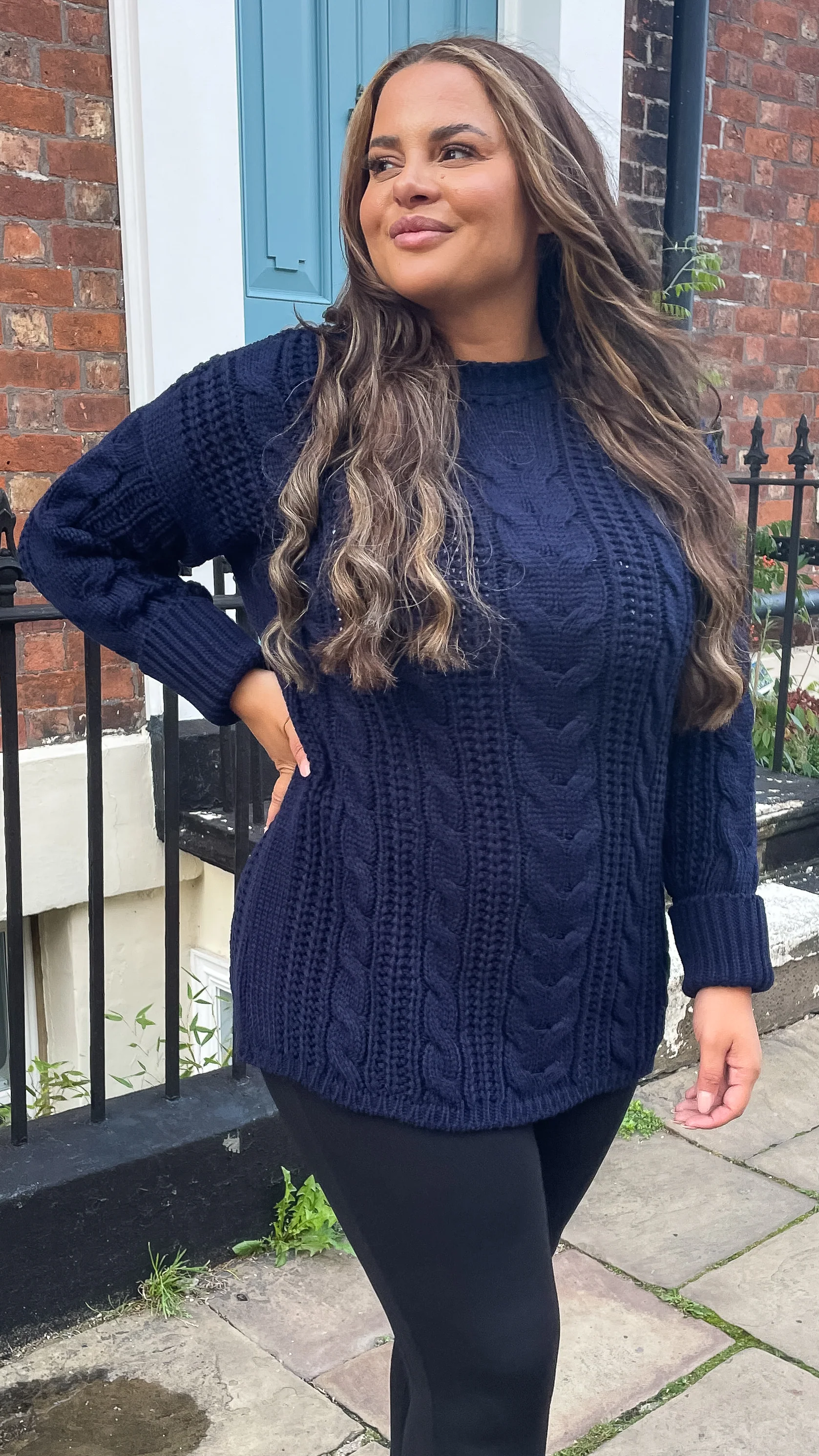 CurveWow Cable Knit Jumper Navy - Image 3