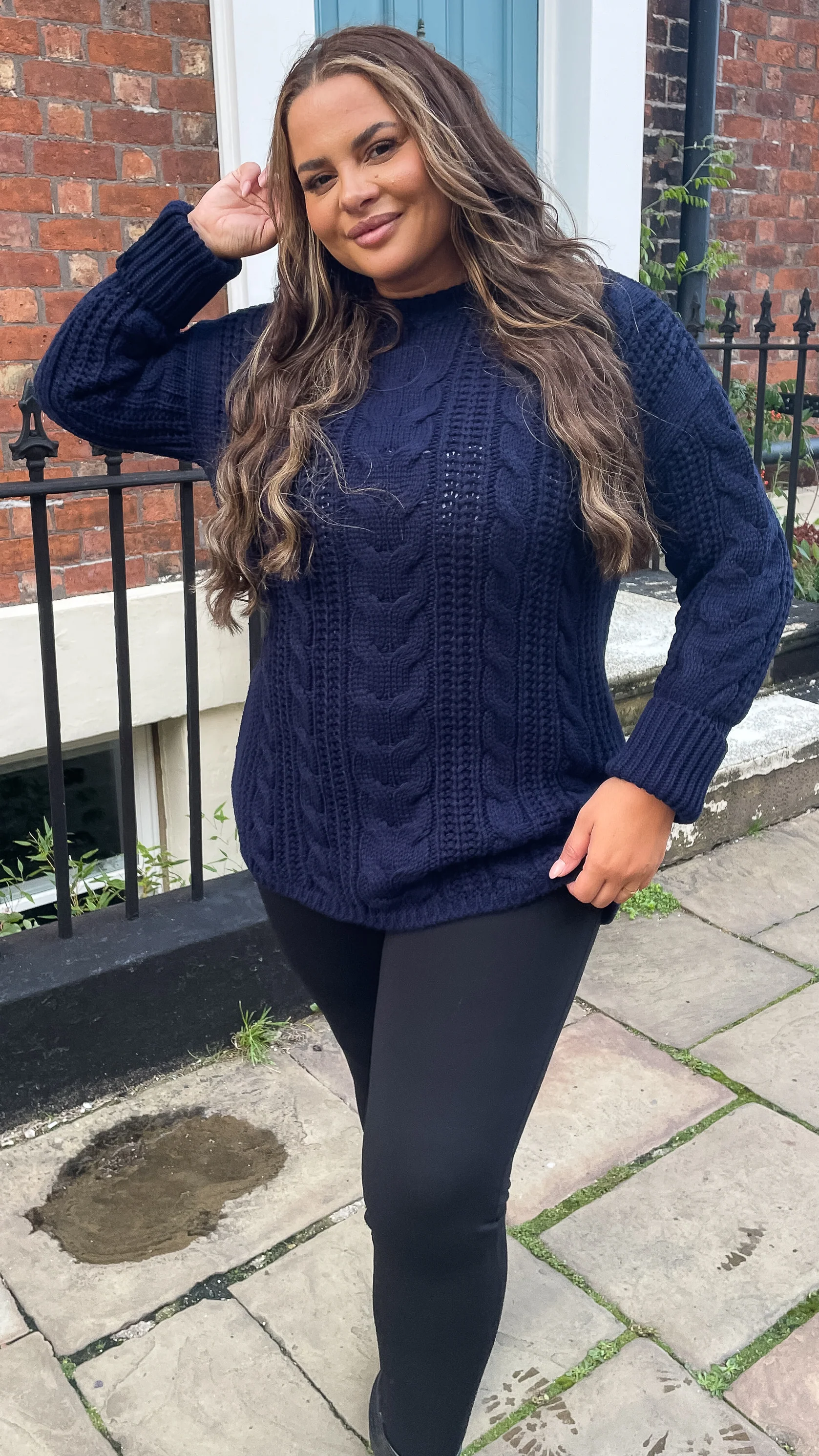 CurveWow Cable Knit Jumper Navy - Image 9
