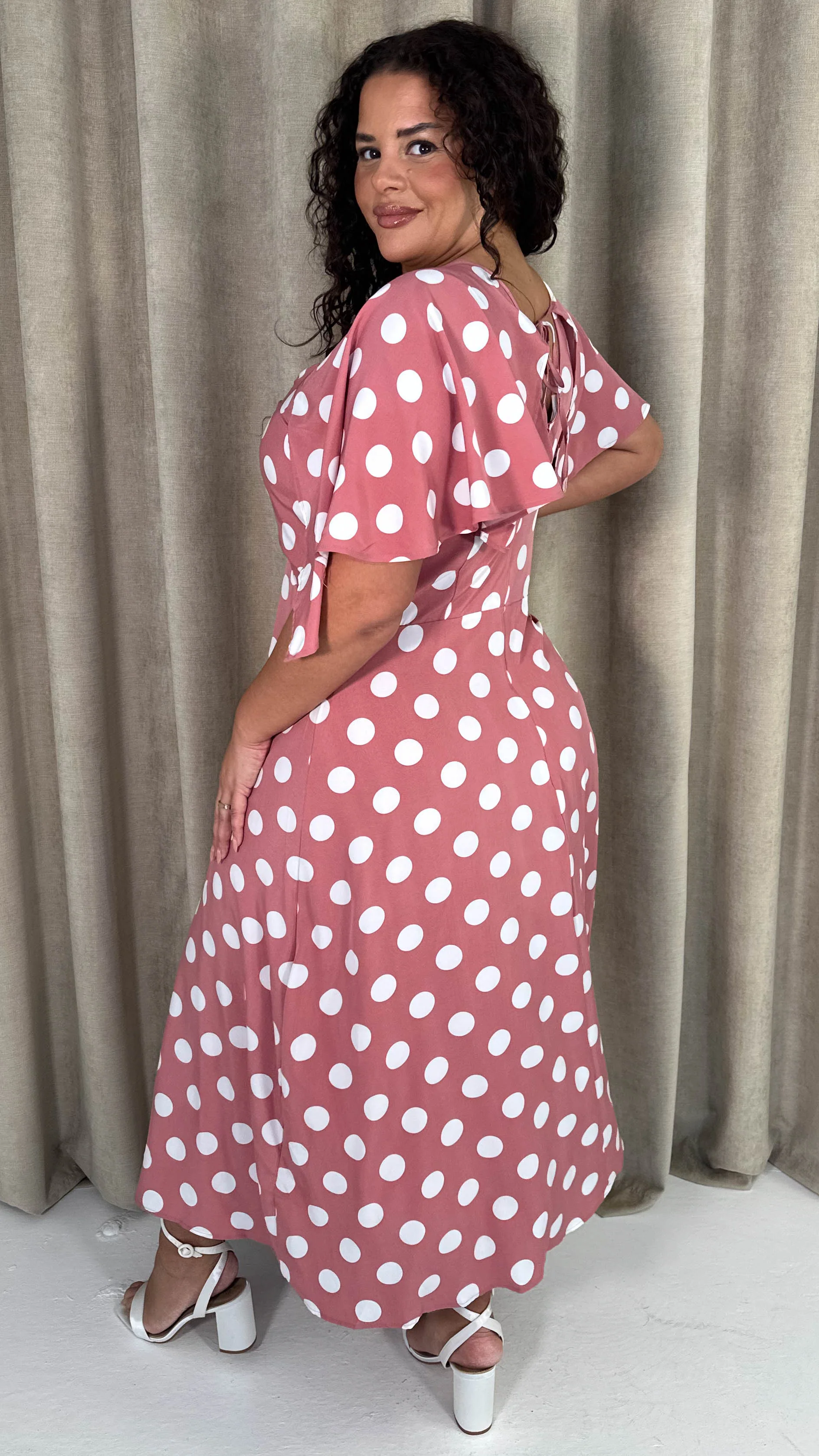 CurveWow Ruched Front Midi Dress Pink Polka Dot - Image 5