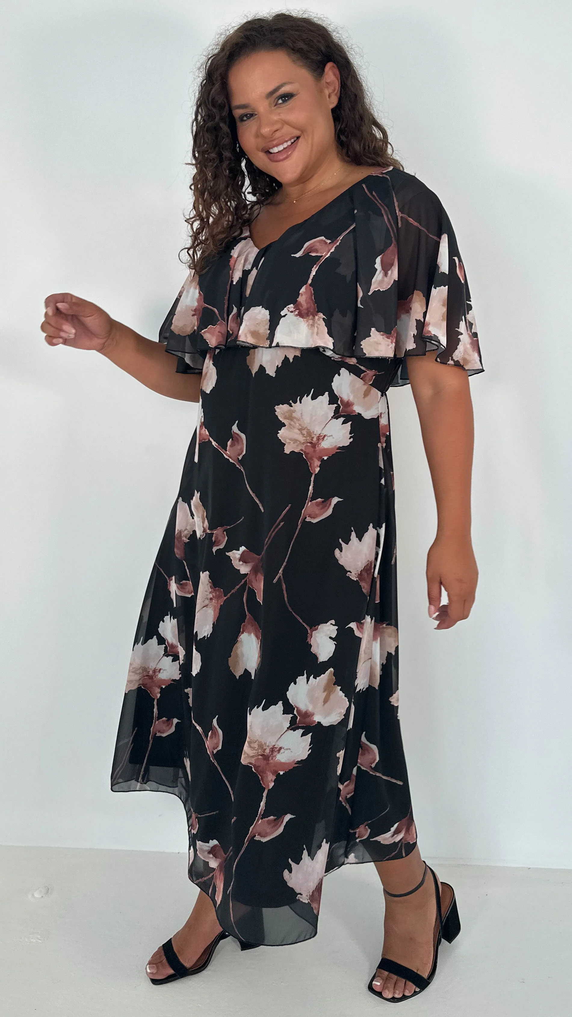 CurveWow Cape Frill Midaxi Dress Black Floral - Image 5