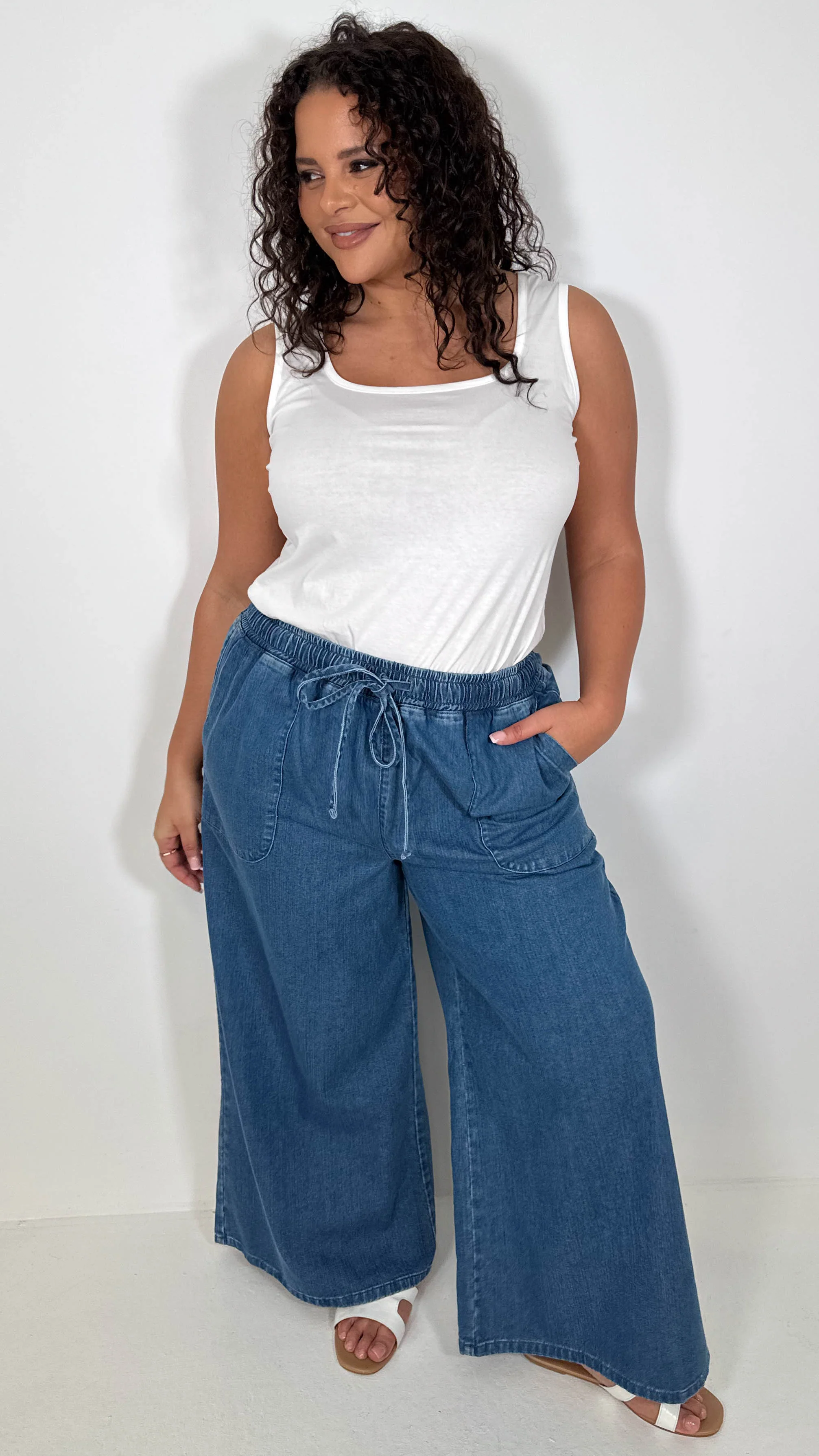 CurveWow Chambray Wide Leg Trousers Mid Wash - Image 7