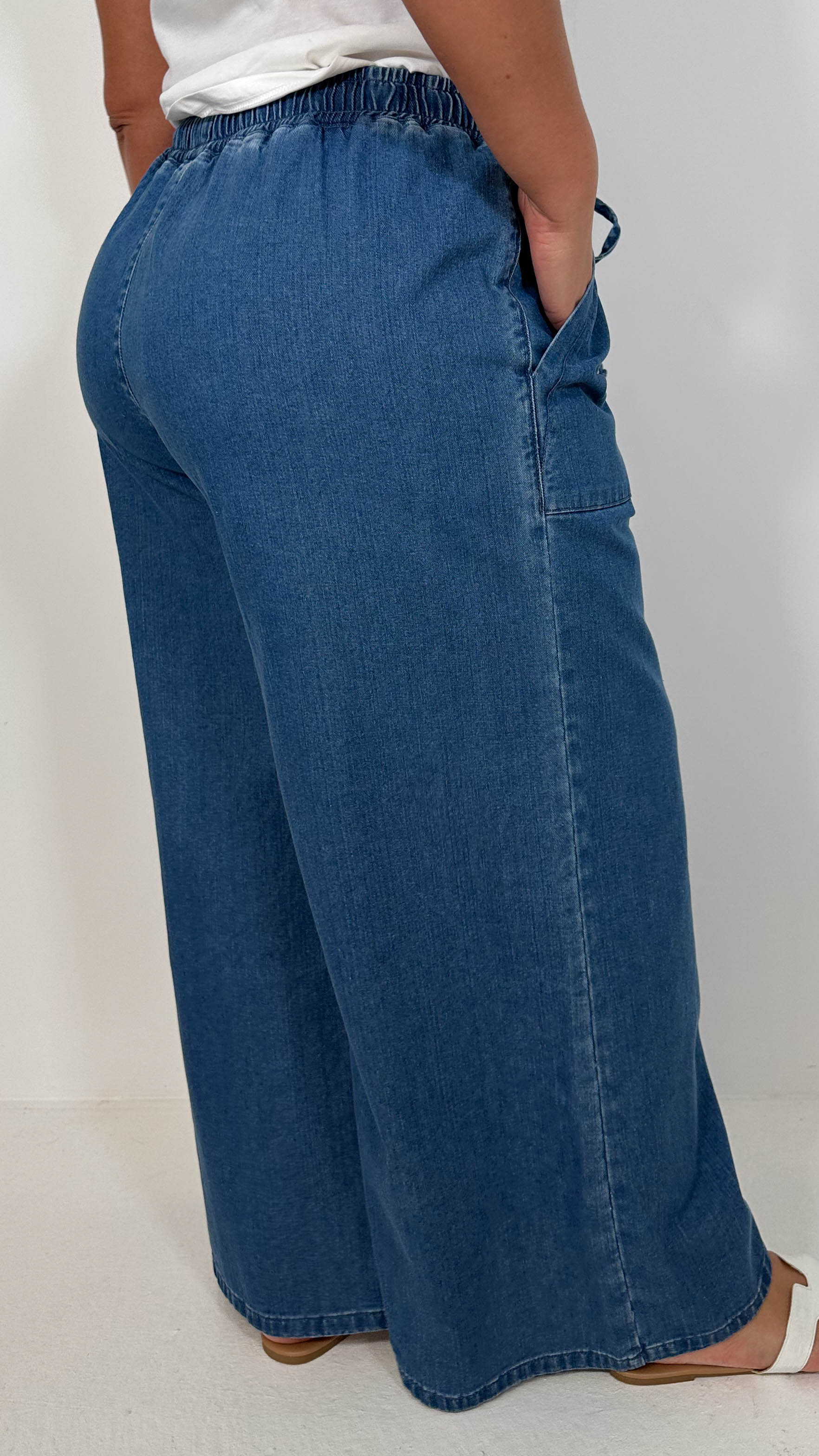 CurveWow Chambray Wide Leg Trousers Mid Wash - Image 9