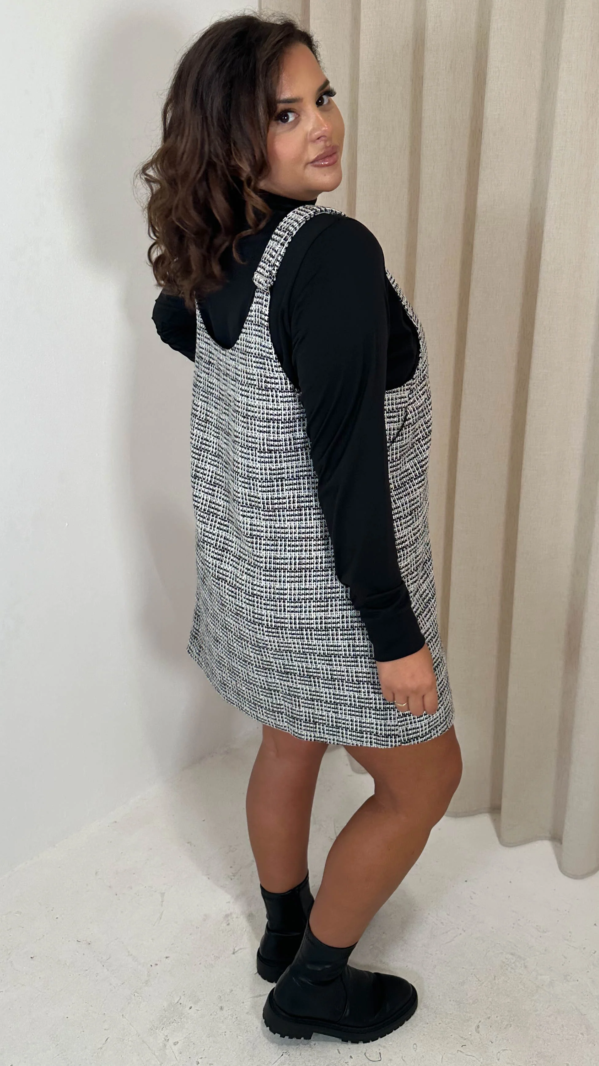 CurveWow Check Pinafore Dress Black & White - Image 8
