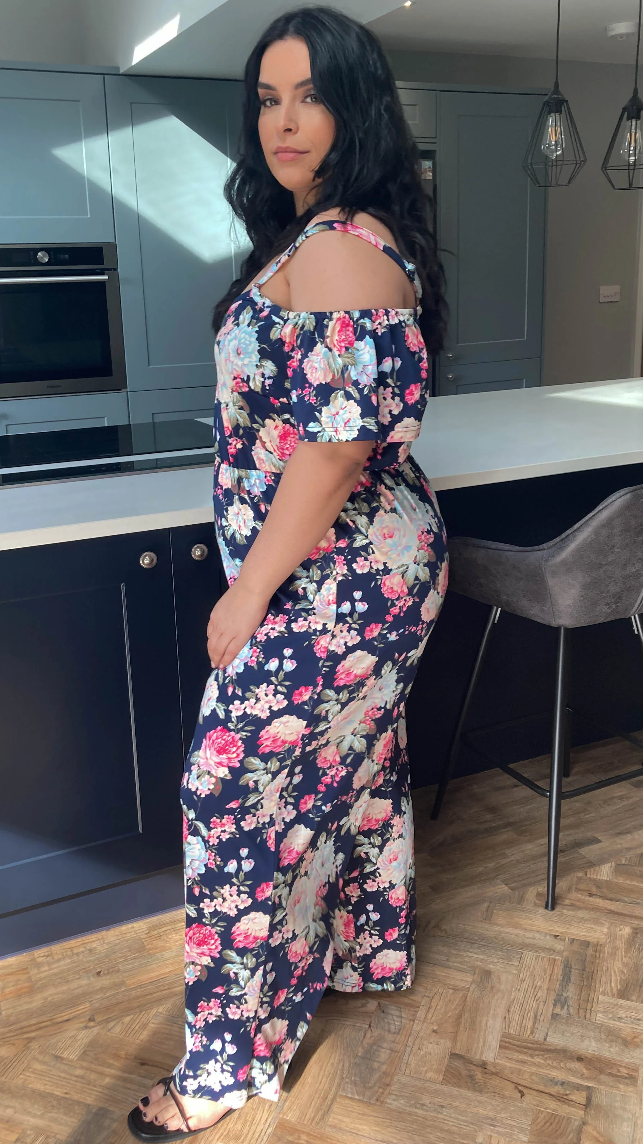 CurveWow Cold Shoulder Jumpsuit Navy Floral - Image 5