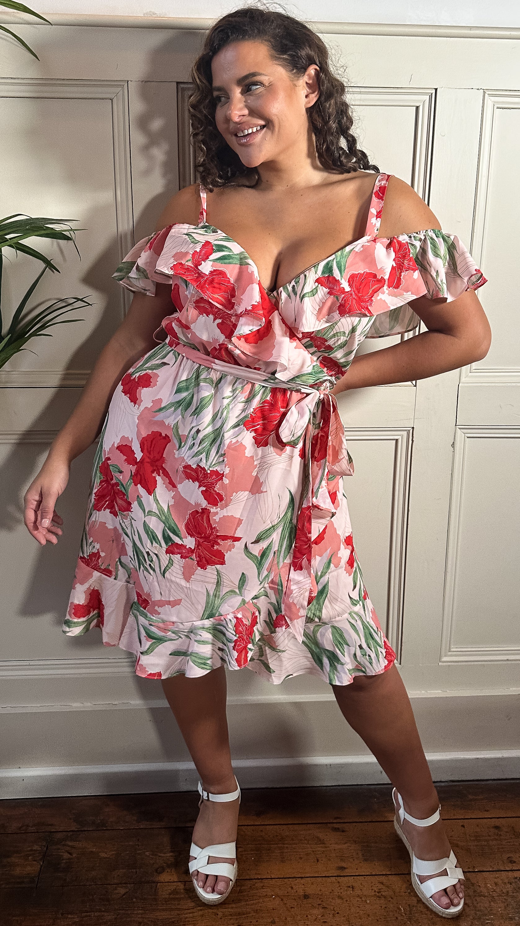 CurveWow Cold Shoulder Wrap Dress Pink Red Floral