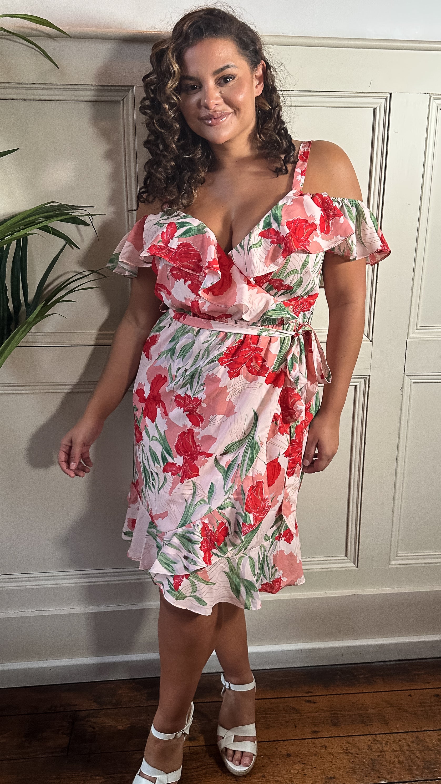 CurveWow Cold Shoulder Wrap Dress Pink Red Floral - Image 2