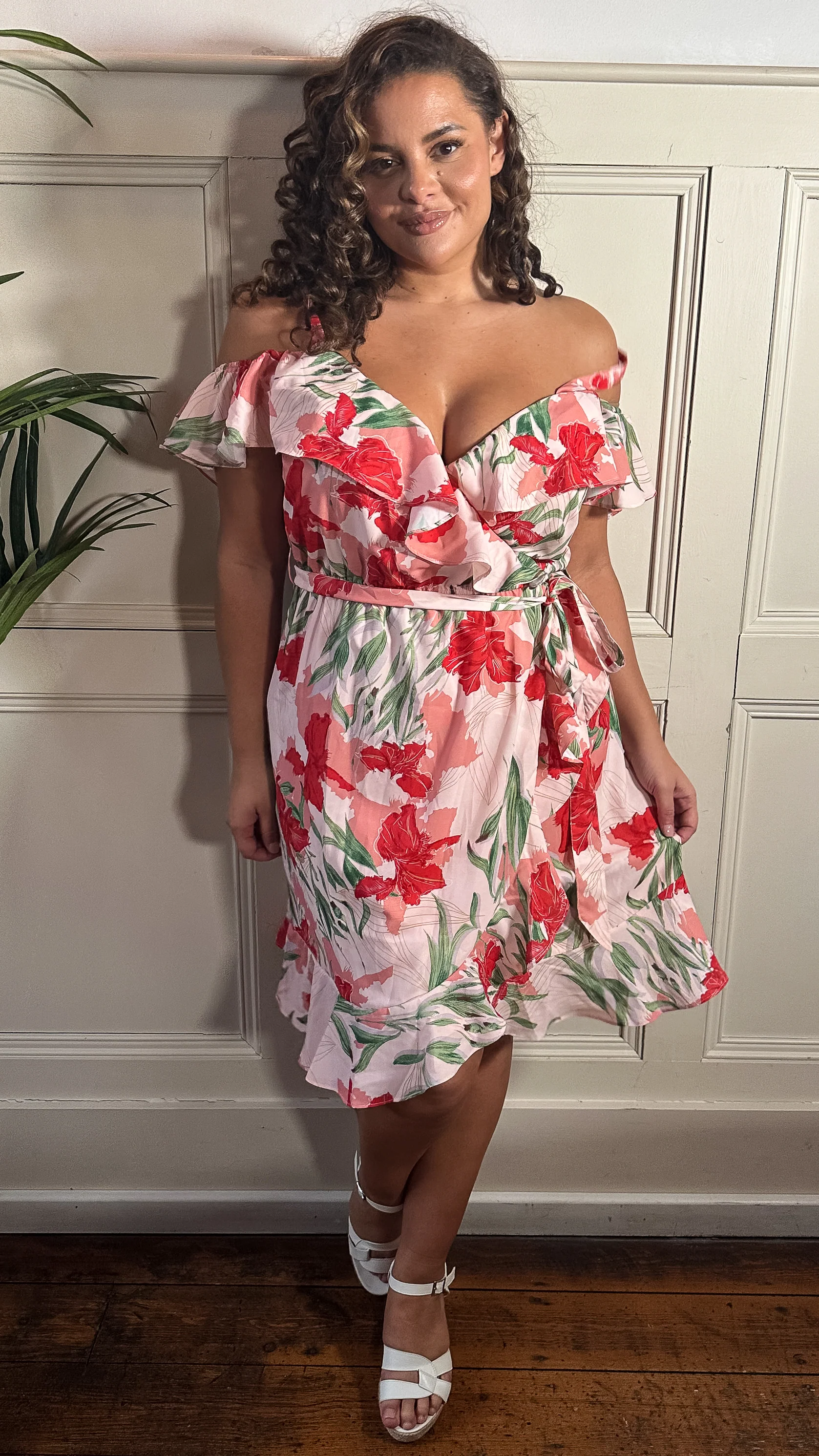 CurveWow Cold Shoulder Wrap Dress Pink Red Floral - Image 3
