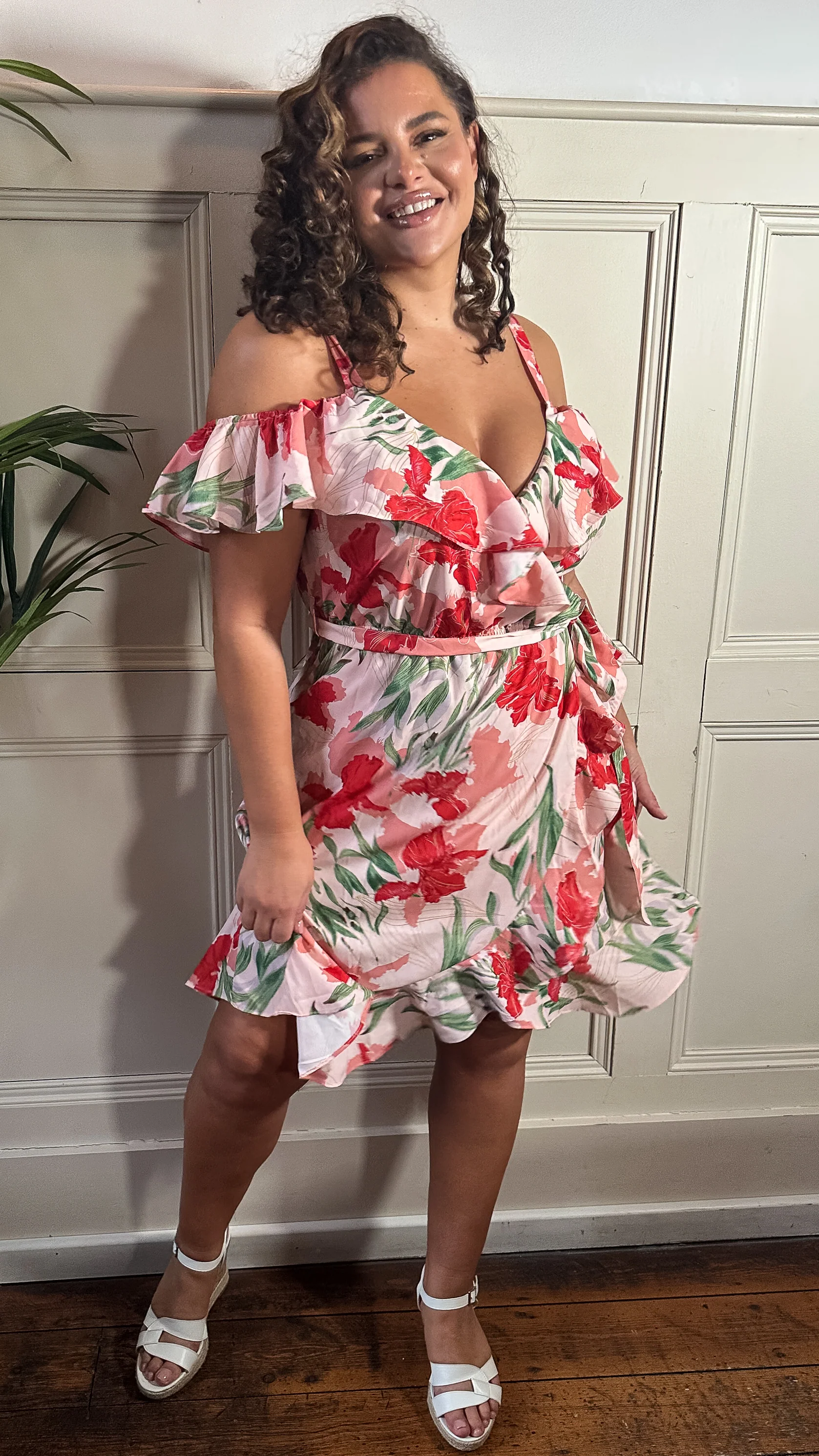 CurveWow Cold Shoulder Wrap Dress Pink Red Floral - Image 5