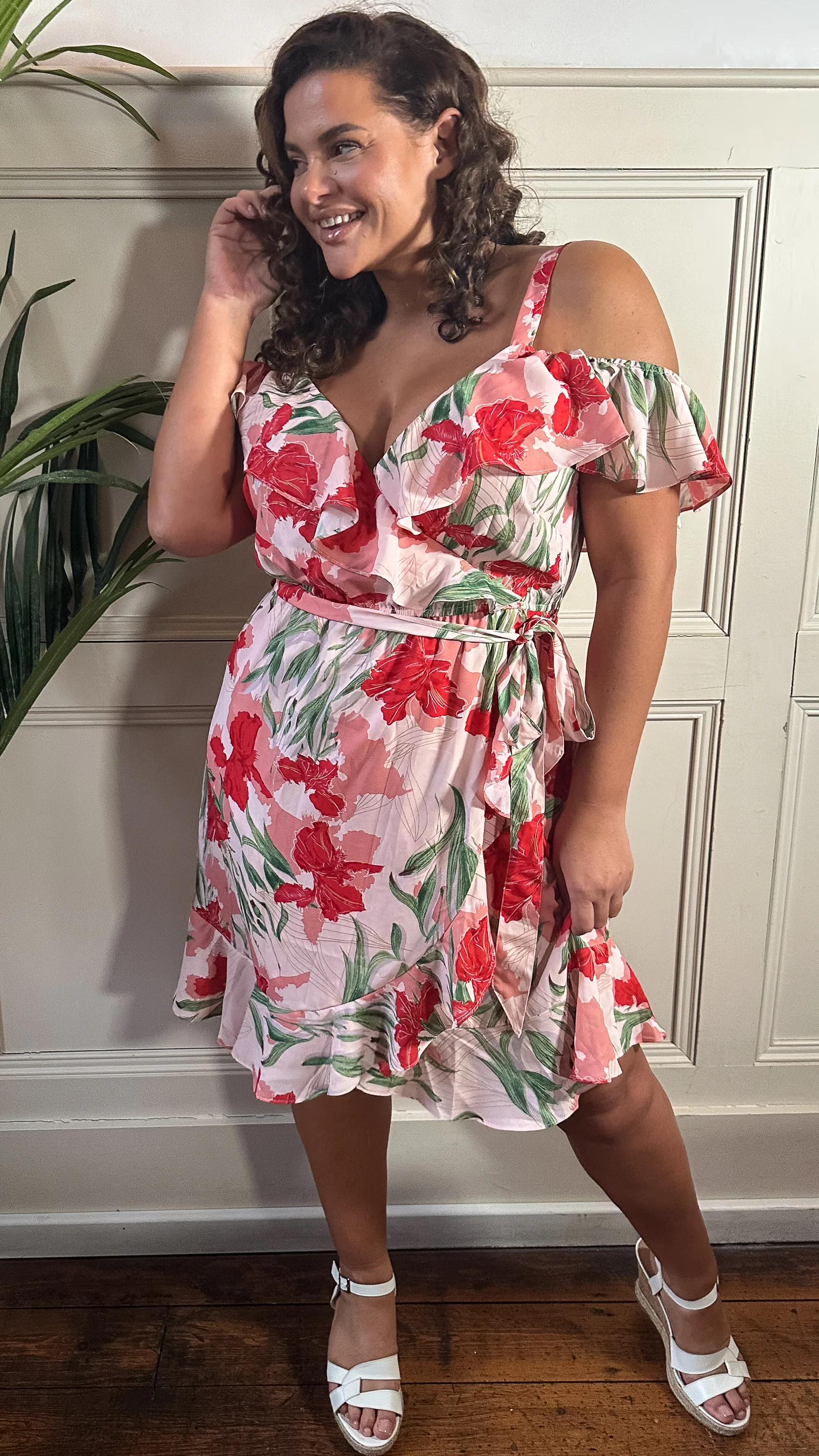CurveWow Cold Shoulder Wrap Dress Pink Red Floral - Image 6