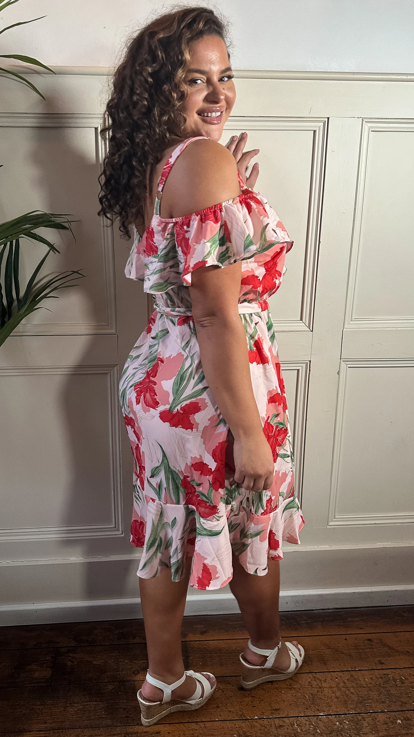 CurveWow Cold Shoulder Wrap Dress Pink Red Floral - Image 8