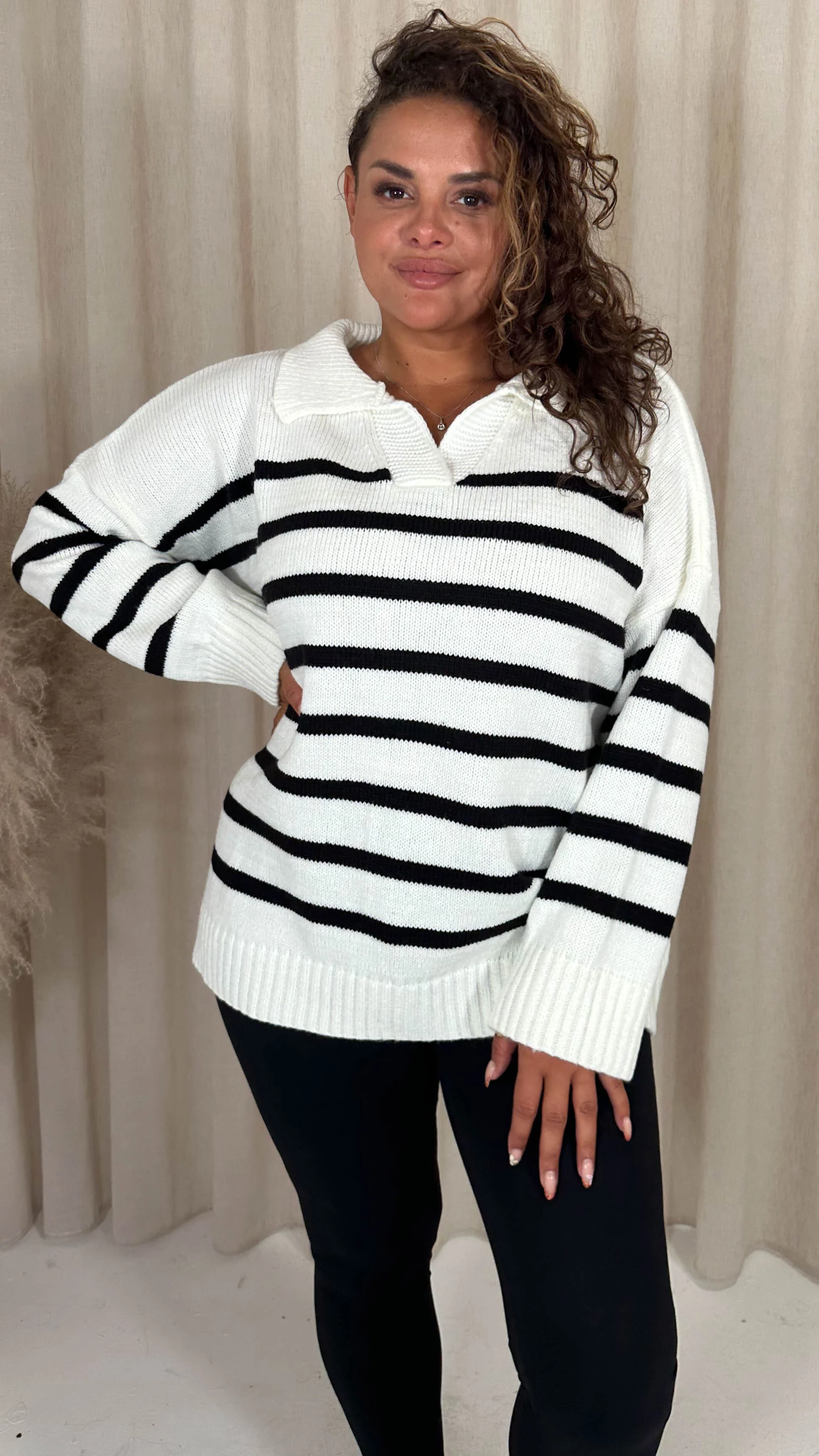 CurveWow Collar Stripe Knitted Jumper Cream - Image 7
