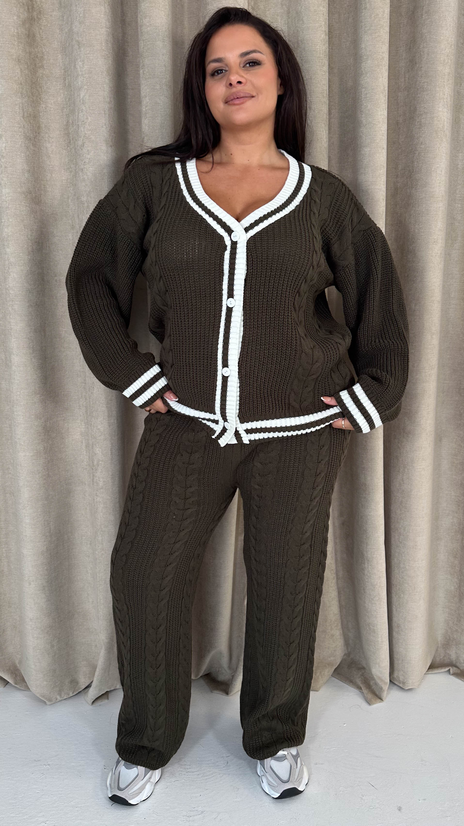 CurveWow Stripe Tape Cardigan Co-Ord Khaki - Image 5