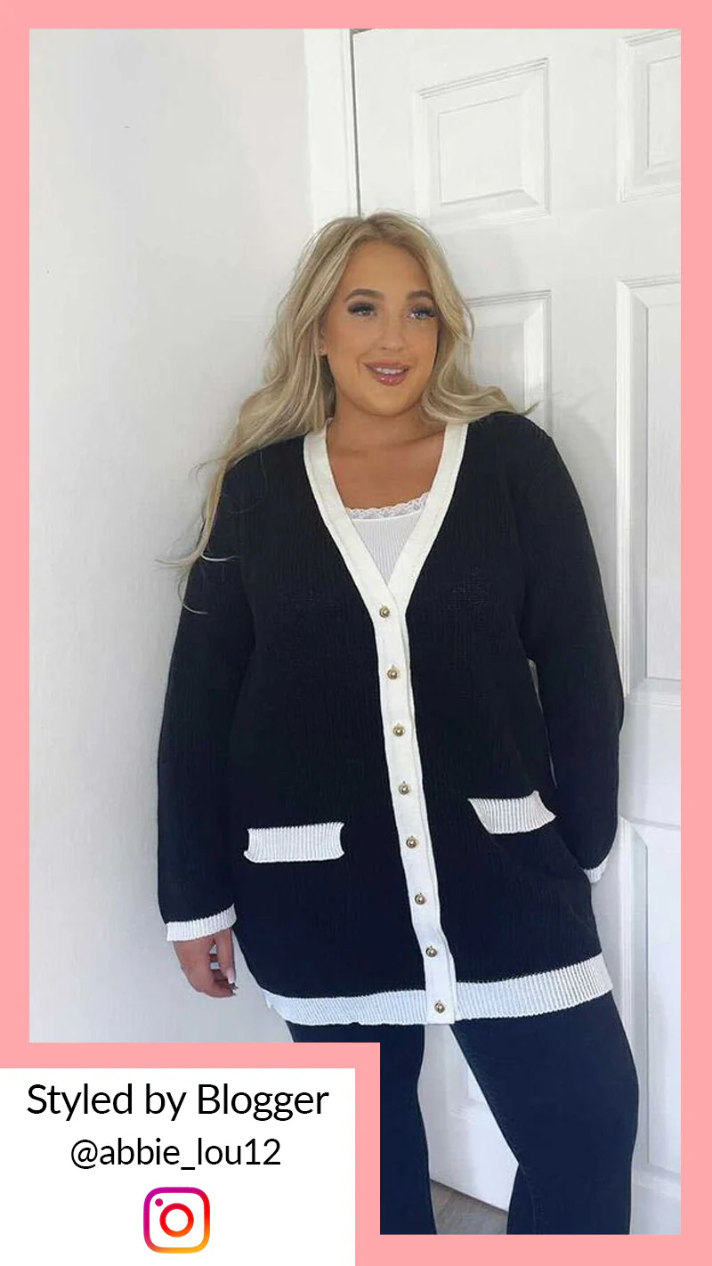 CurveWow Contrast Cardigan Black/Ivory - Image 2