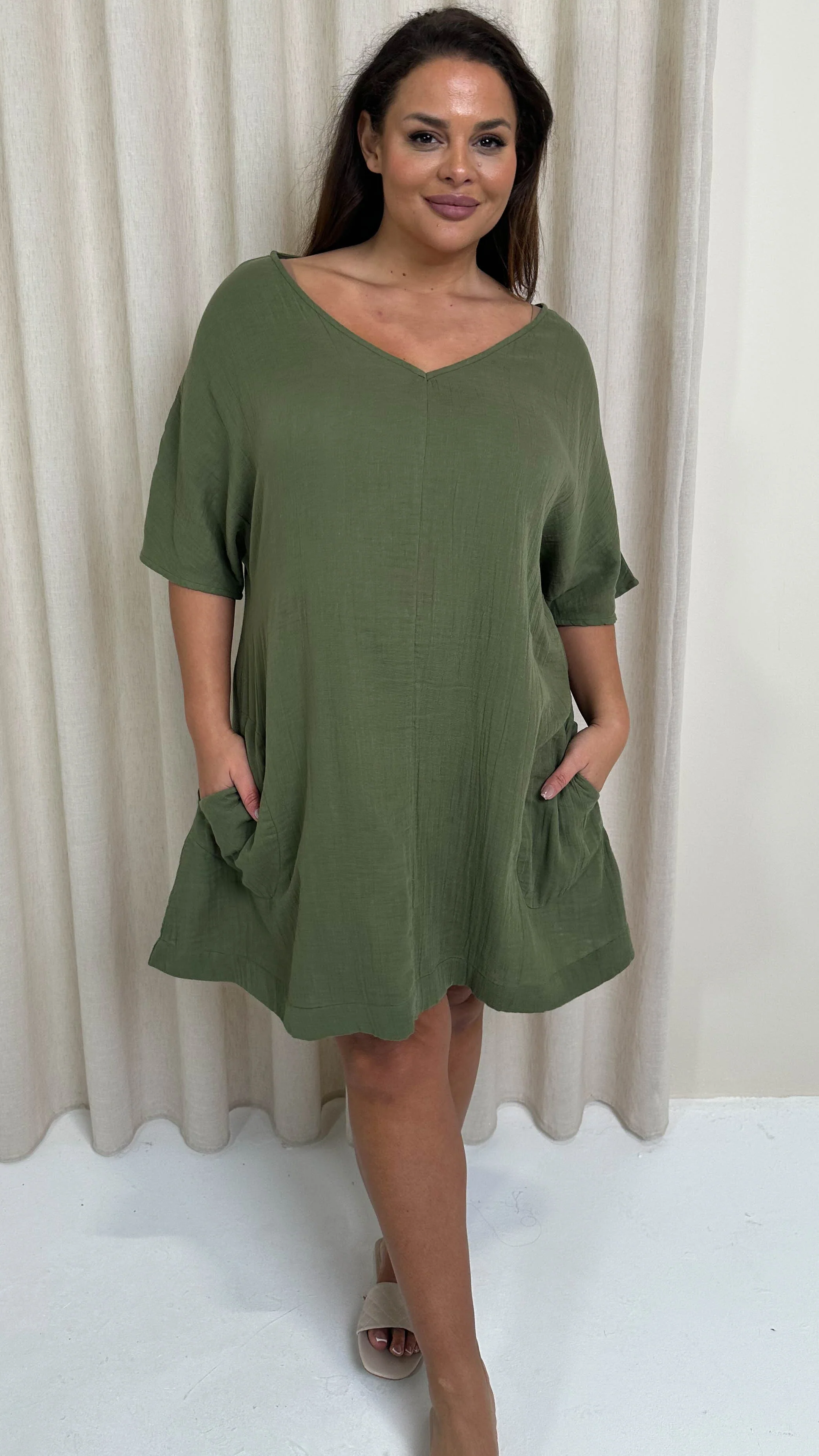 CurveWow Cotton Pocket Dress Khaki - Image 4