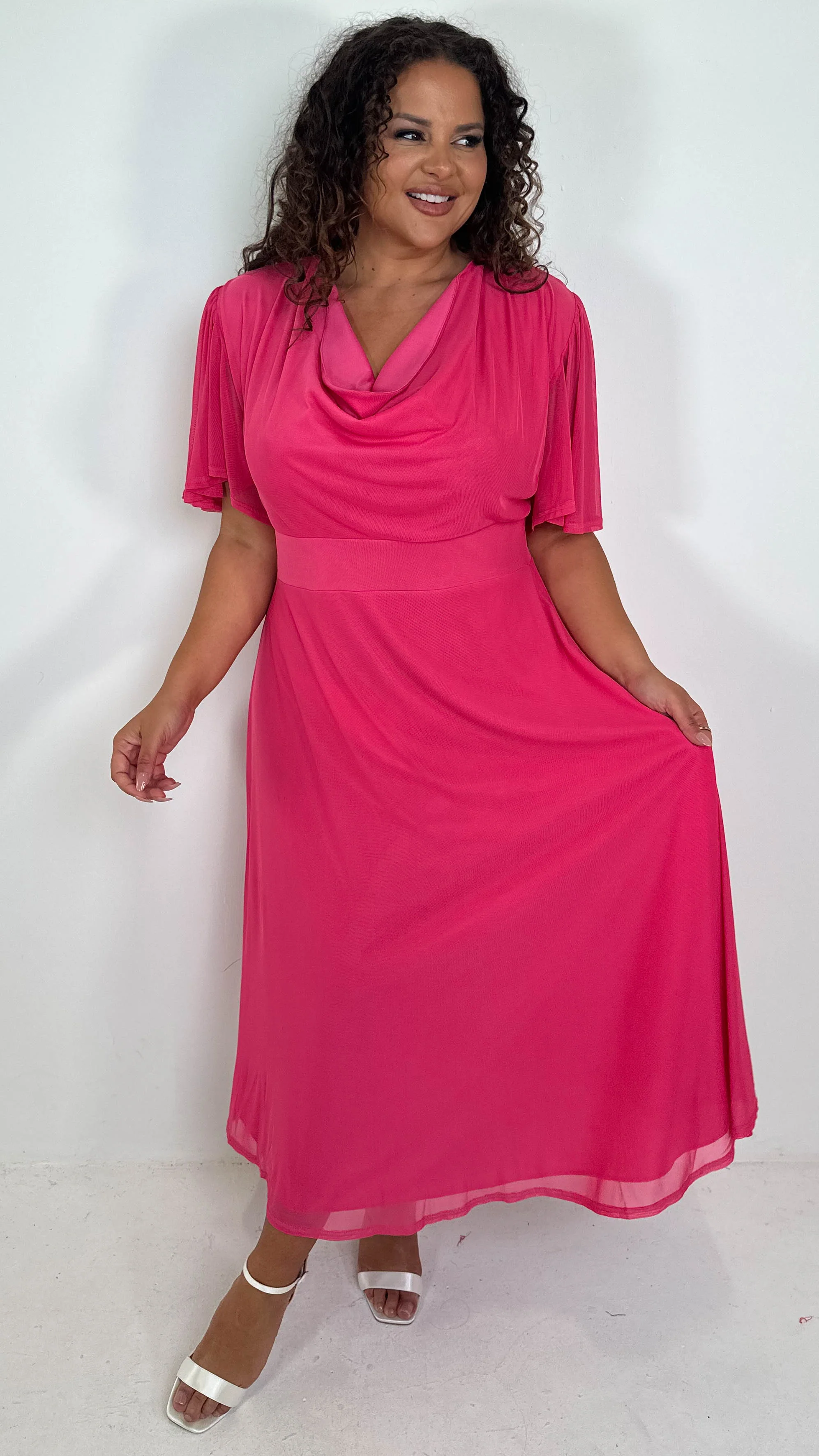 CurveWow Cowl Neck Mesh Angel Sleeve Dress Cerise - Image 2