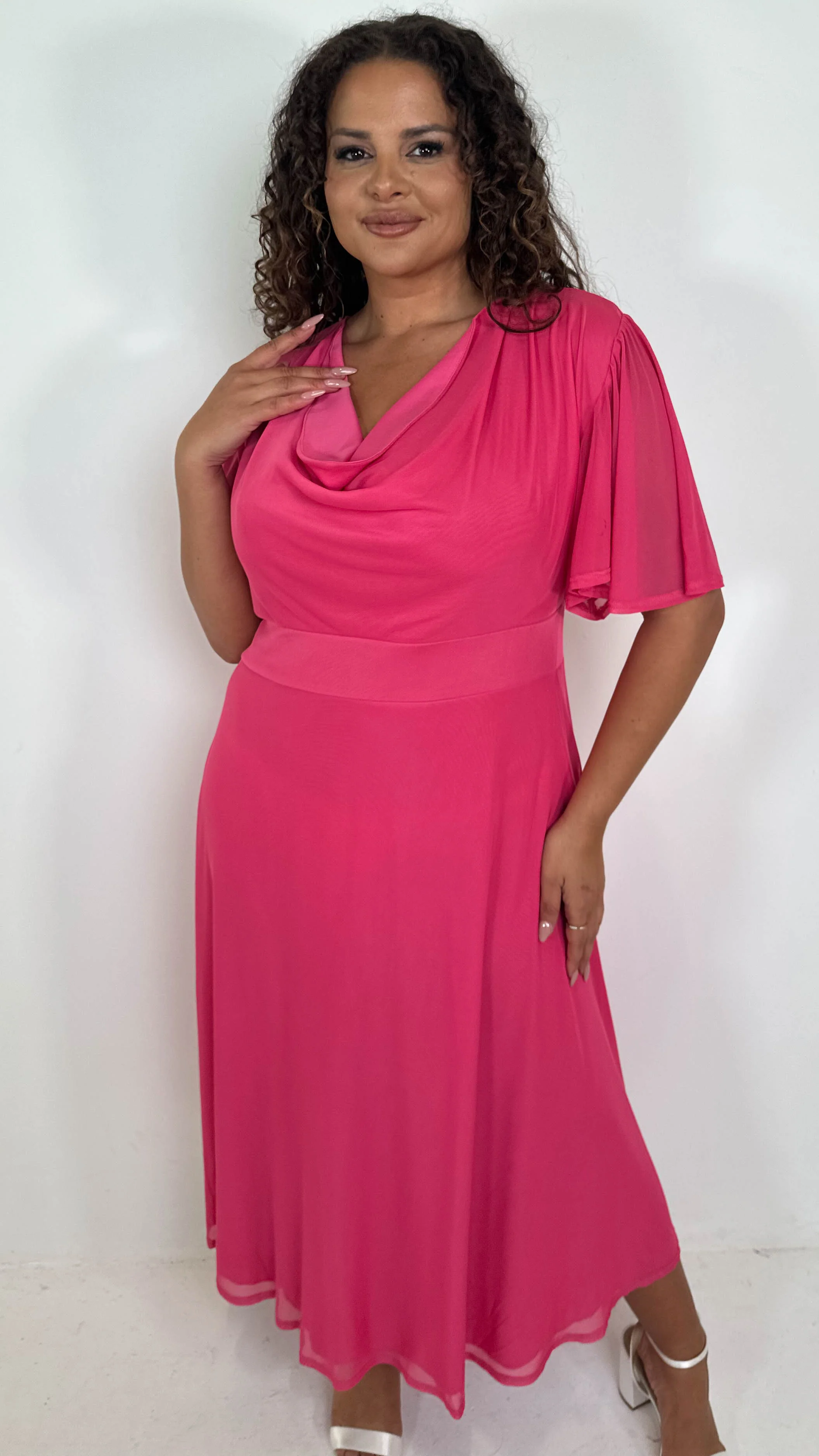 CurveWow Cowl Neck Mesh Angel Sleeve Dress Cerise - Image 5