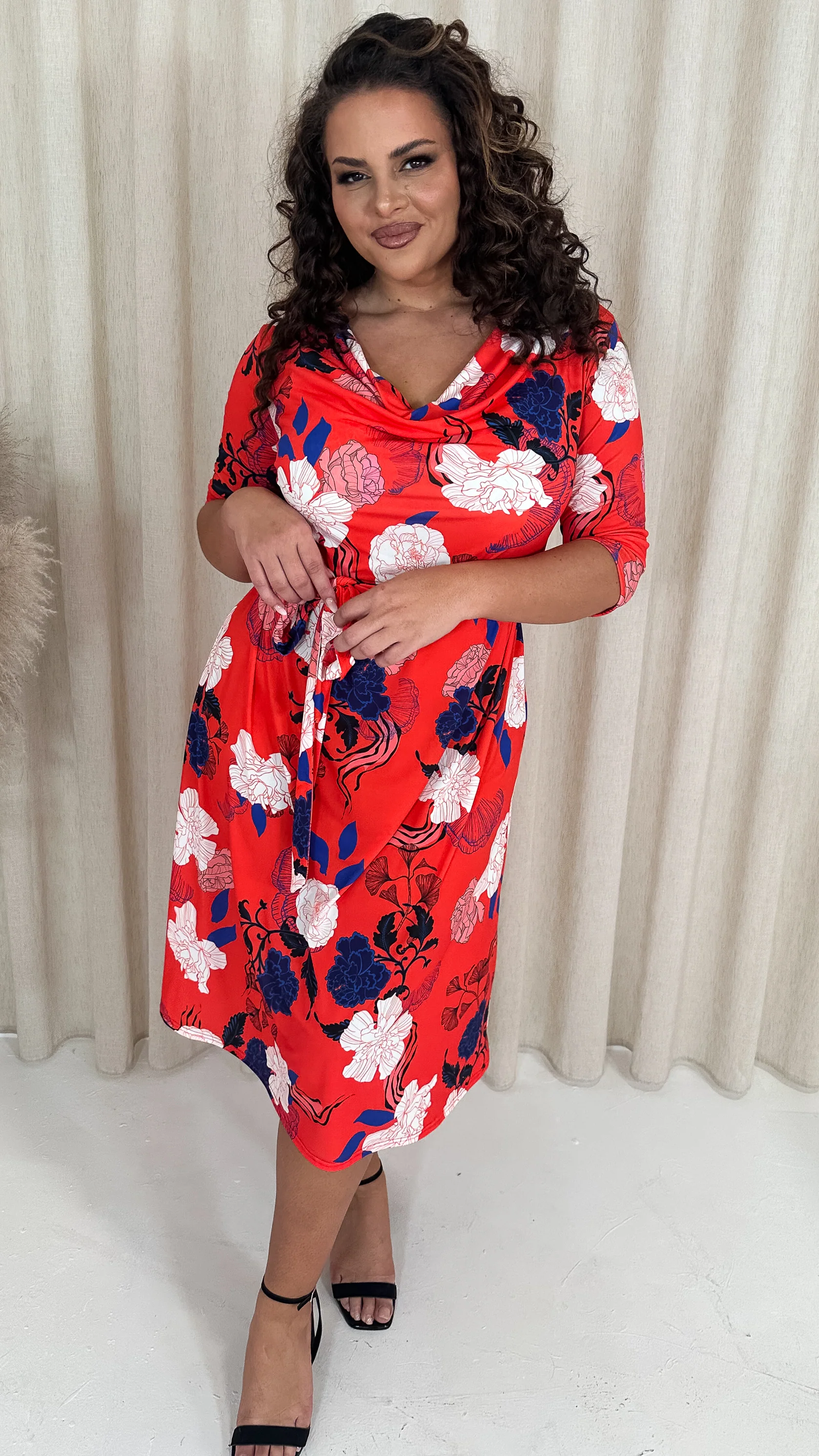 CurveWow Cowl Neck Midi Dress Red Floral - Image 6
