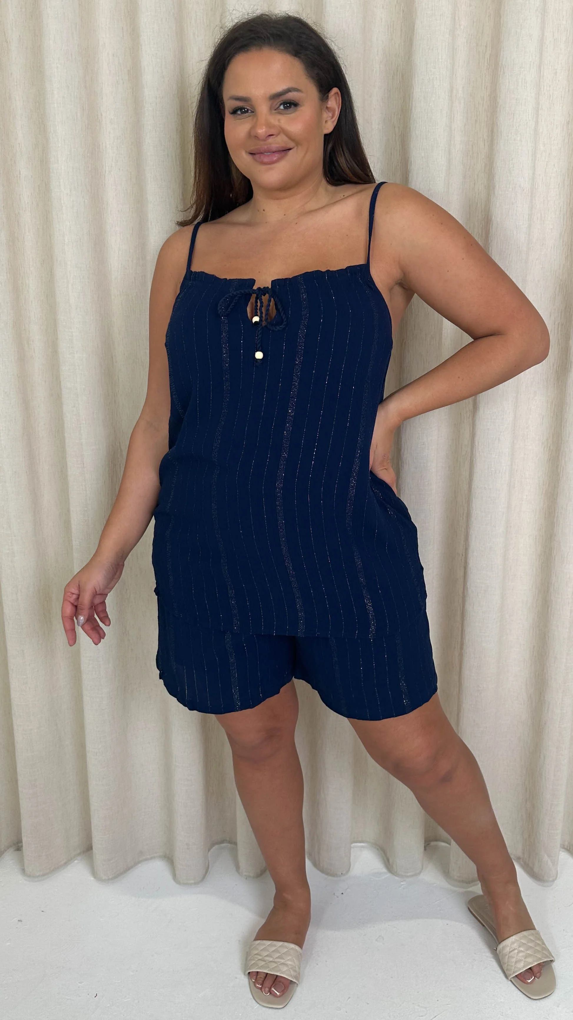 CurveWow Crepe Lurex Cami Top Navy - Image 3