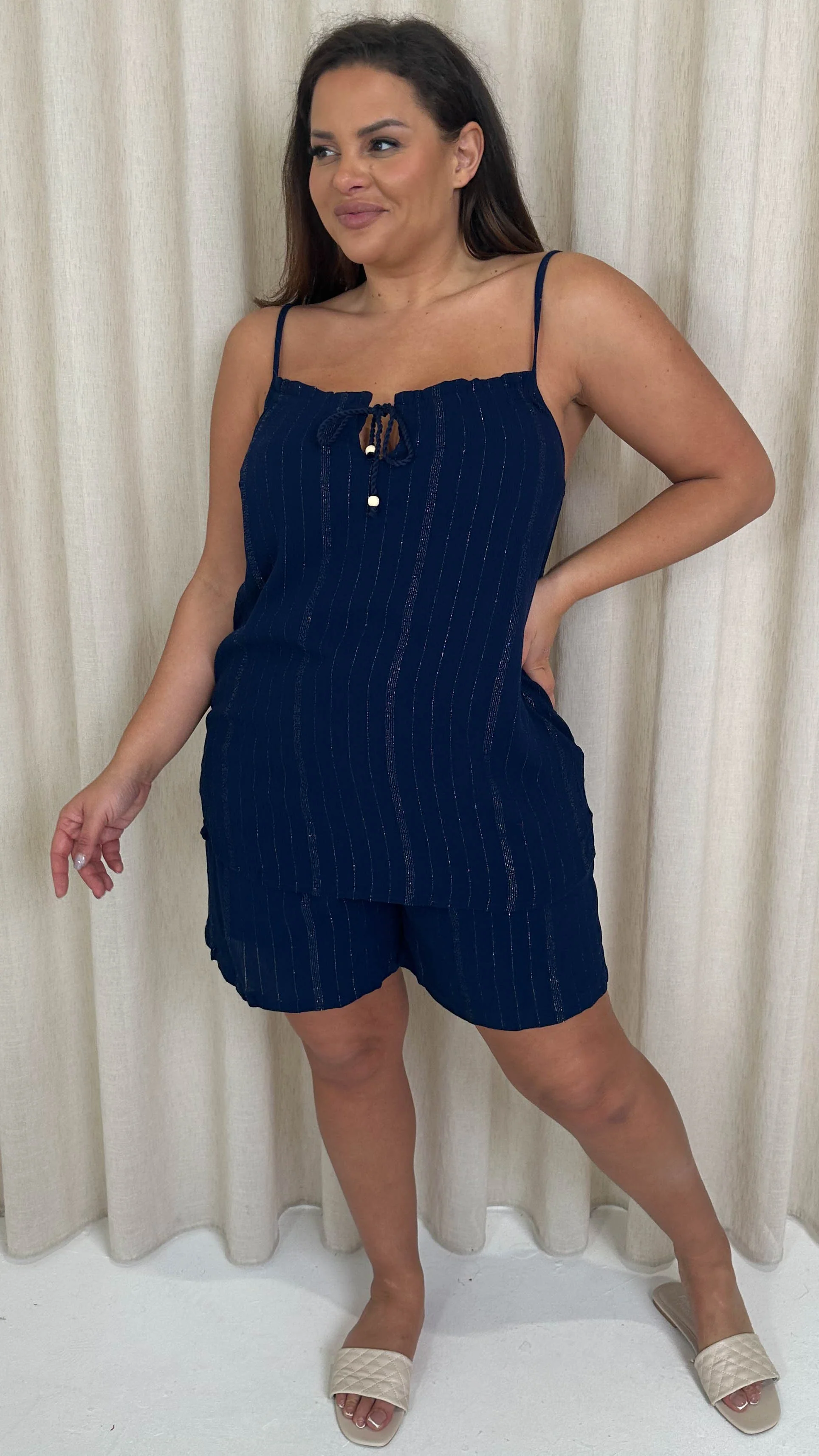 CurveWow Crepe Lurex Shorts Navy - Image 4