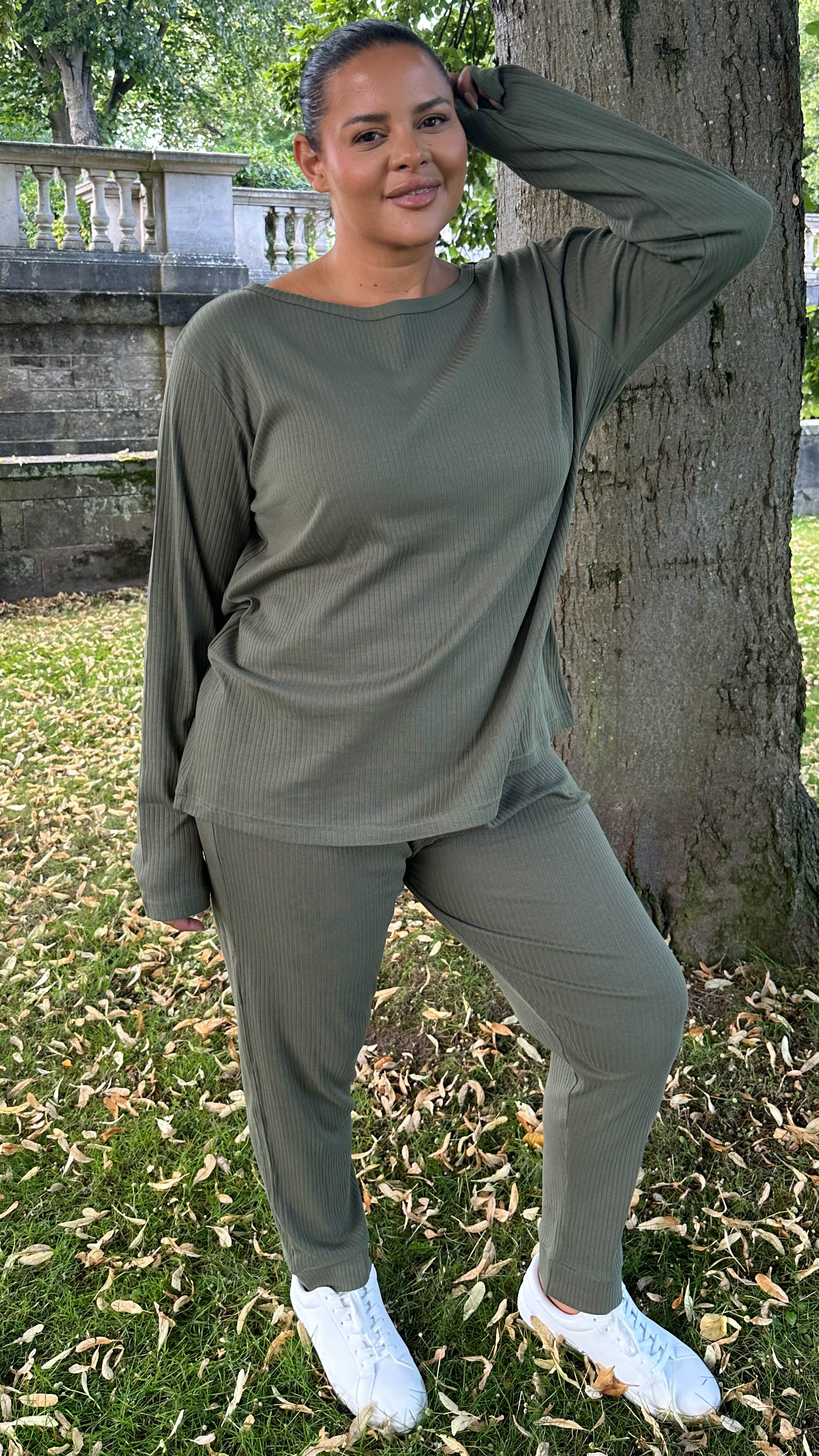 CurveWow Crew Neck Jogger Lounge Set Khaki - Image 4