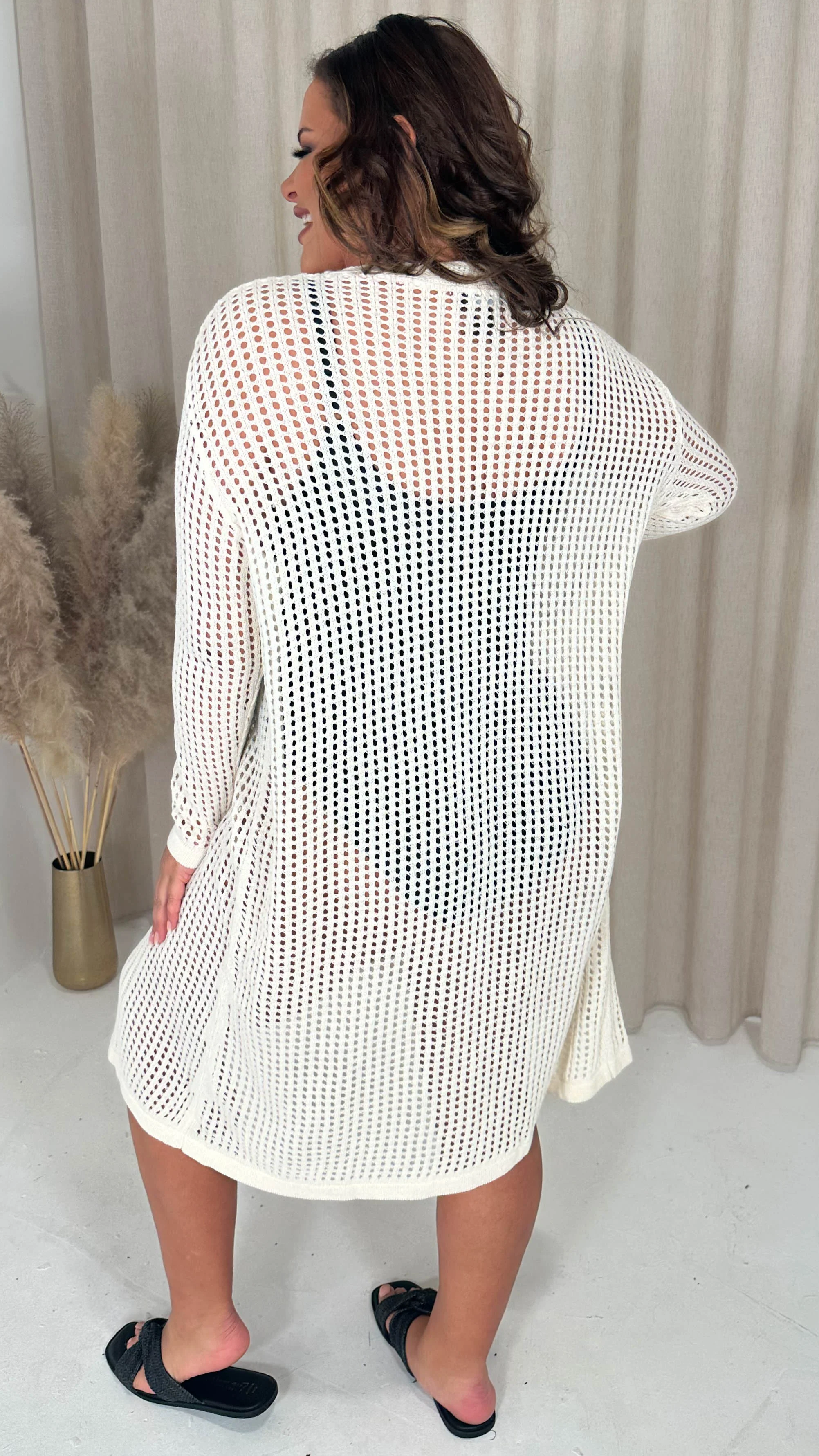 CurveWow Crochet Knitted Button Front Cardigan Cream - Image 6