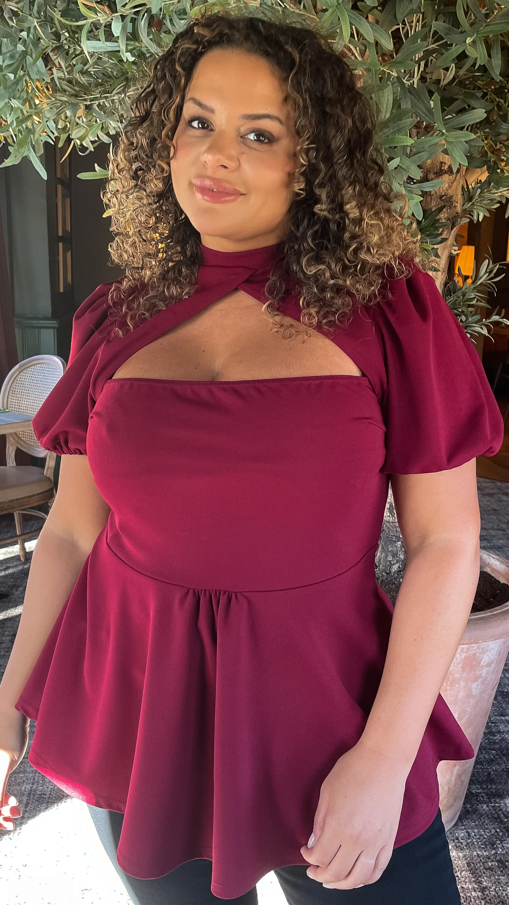 CurveWow Cut out Peplum Top Wine - Image 4