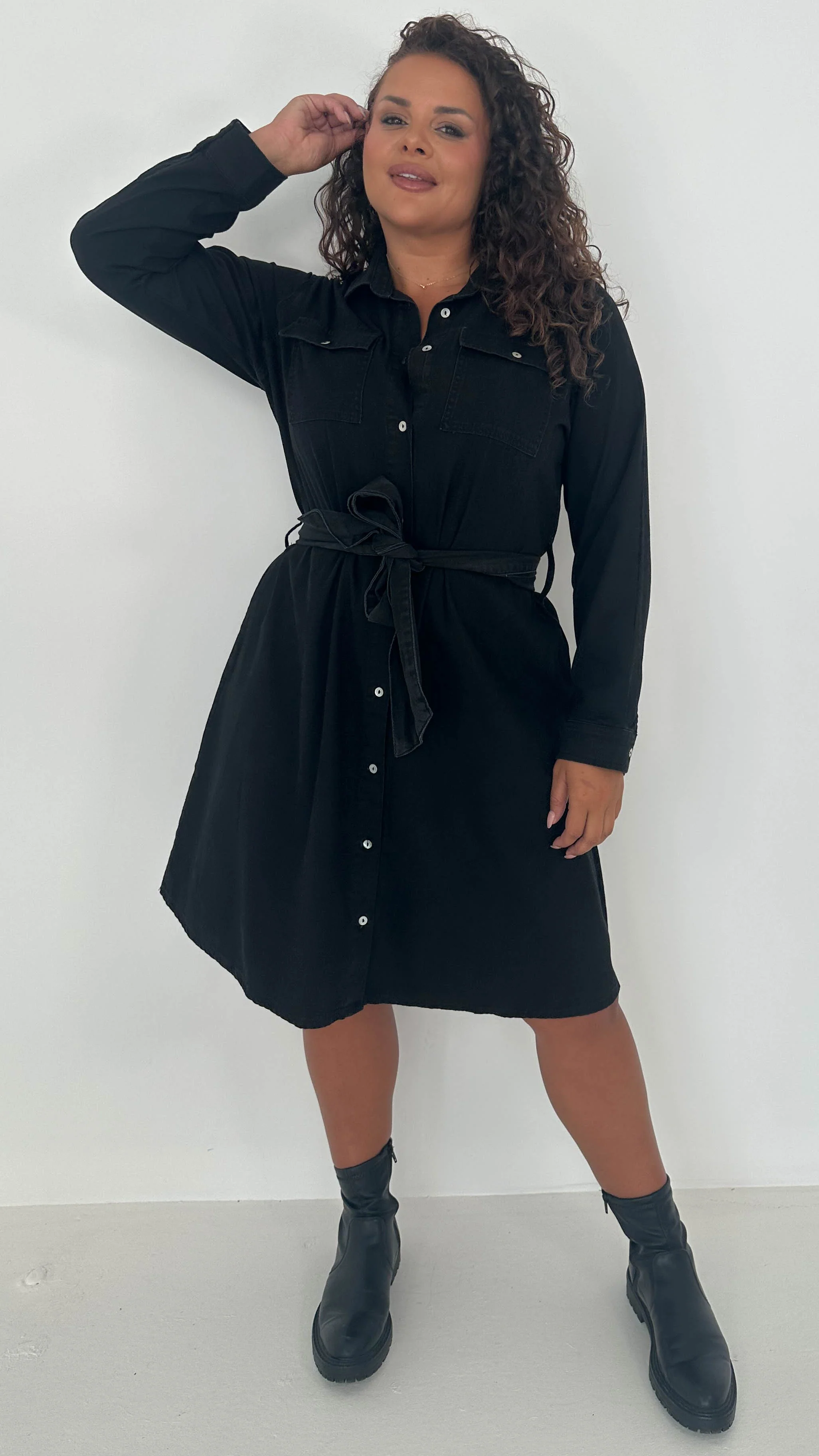 CurveWow Denim Belted Oversized Shirt Dress Black Wash - Image 3