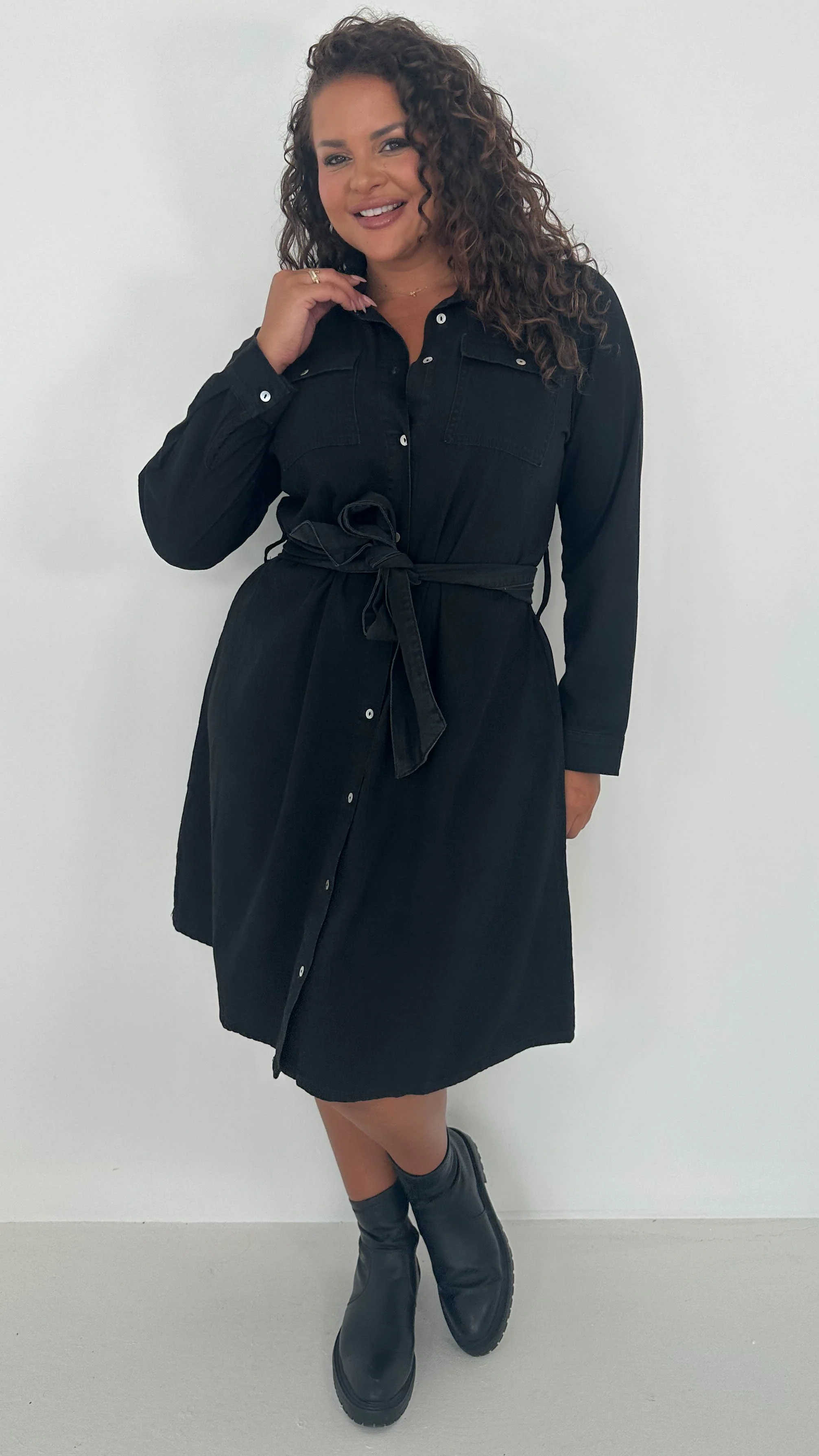 CurveWow Denim Belted Oversized Shirt Dress Black Wash - Image 5