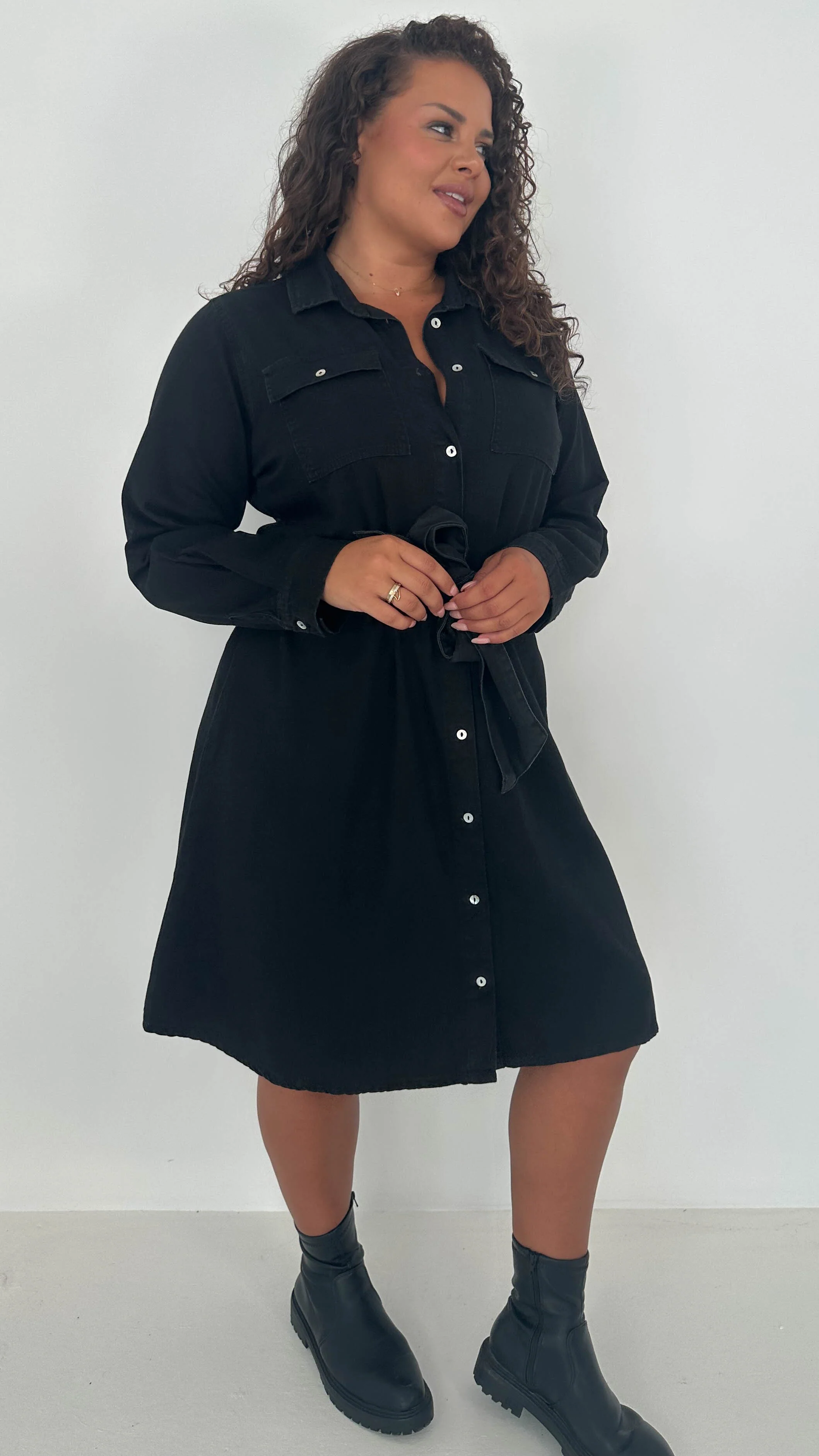 CurveWow Denim Belted Oversized Shirt Dress Black Wash - Image 6