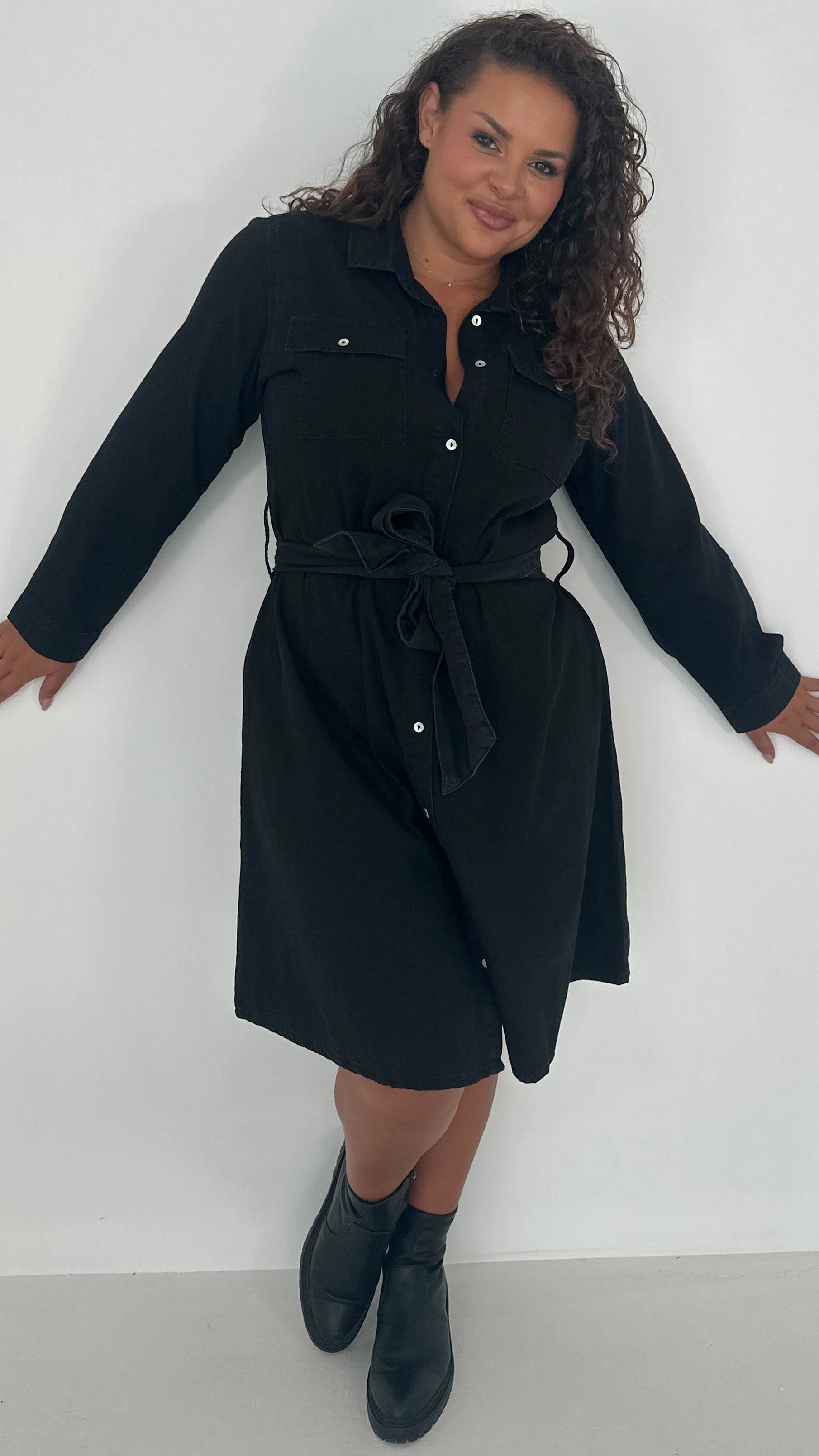 CurveWow Denim Belted Oversized Shirt Dress Black Wash - Image 8