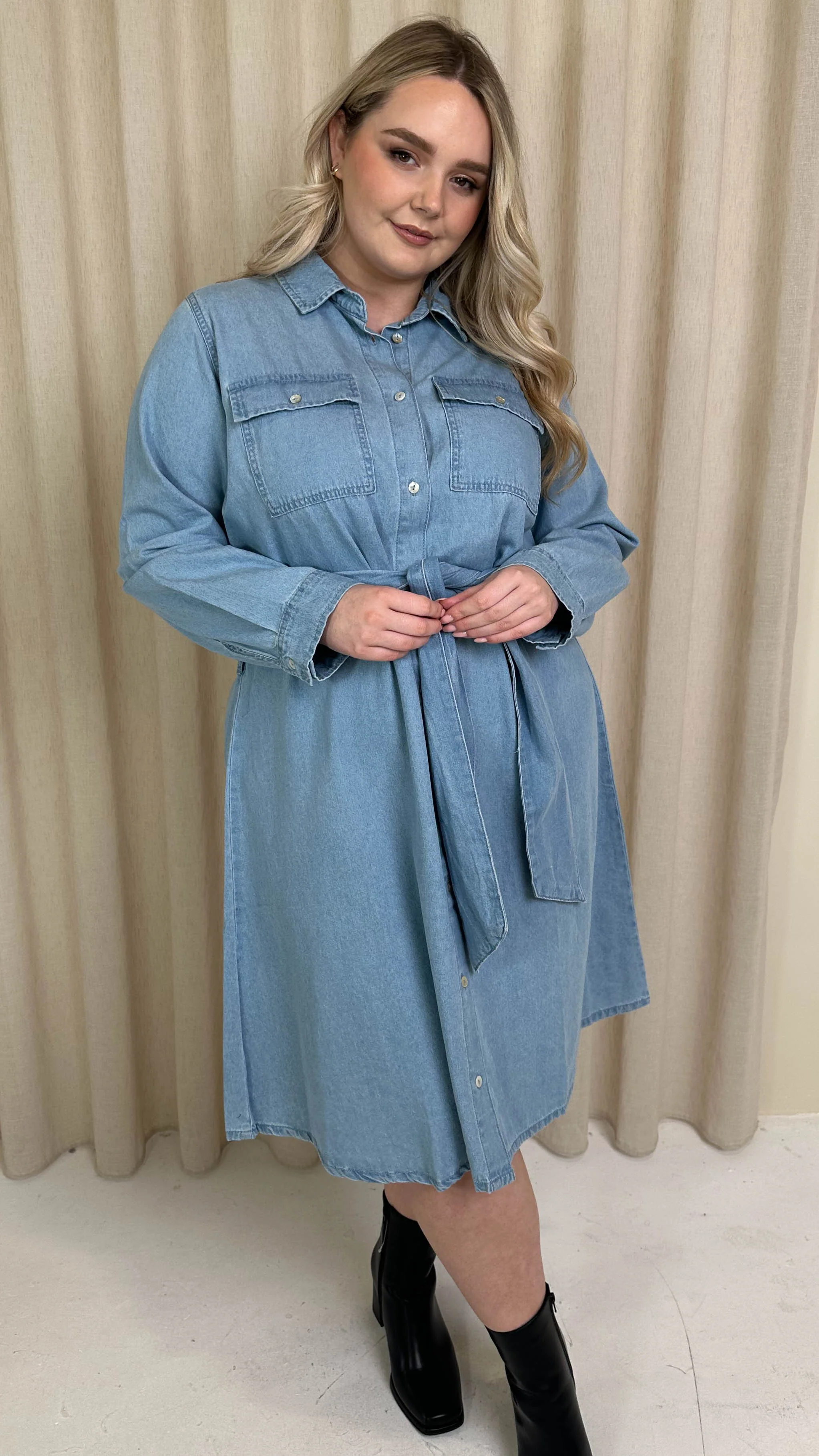 CurveWow Denim Belted Oversized Shirt Dress Mid Blue Wash - Image 3