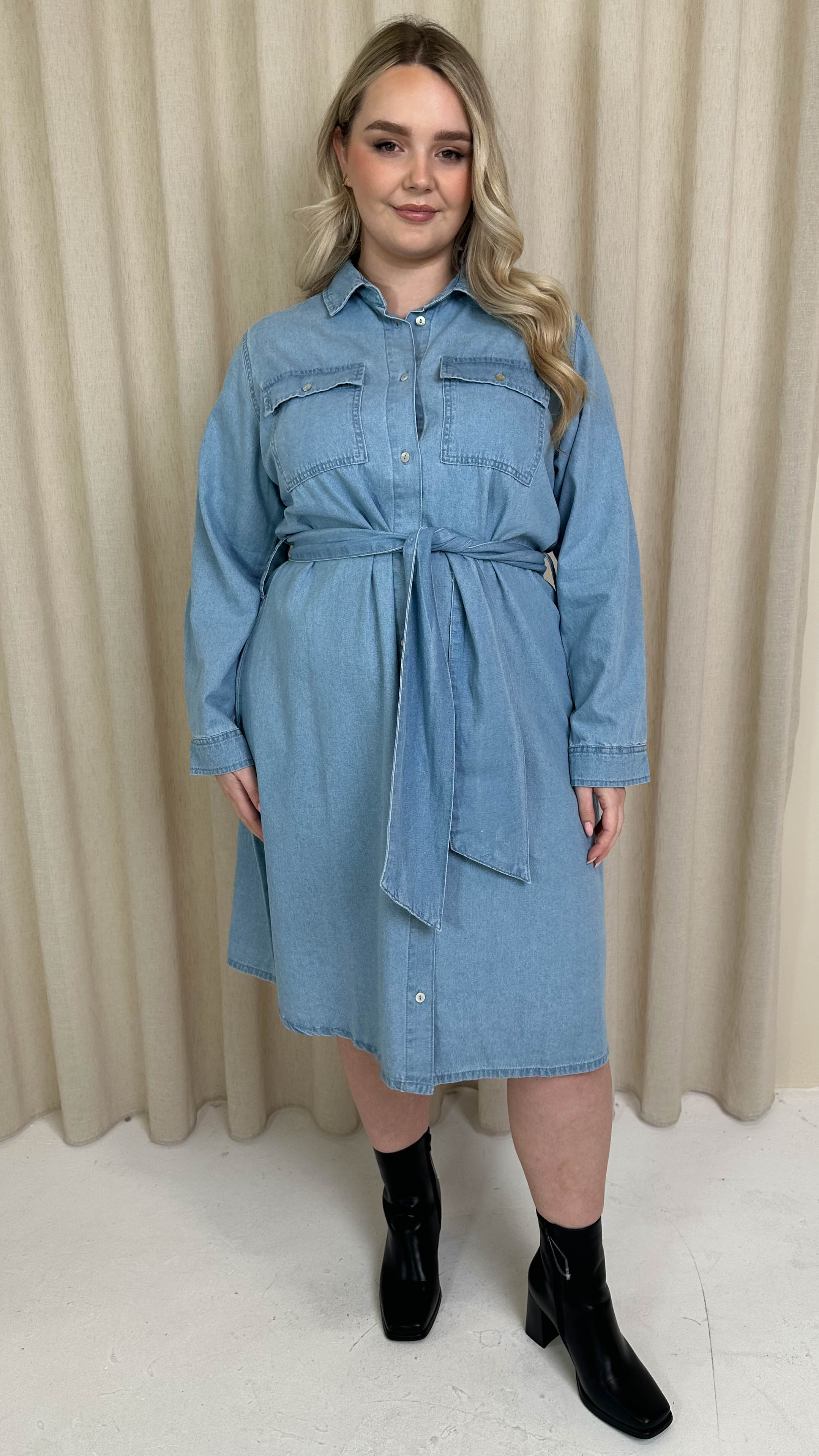 CurveWow Denim Belted Oversized Shirt Dress Mid Blue Wash - Image 4